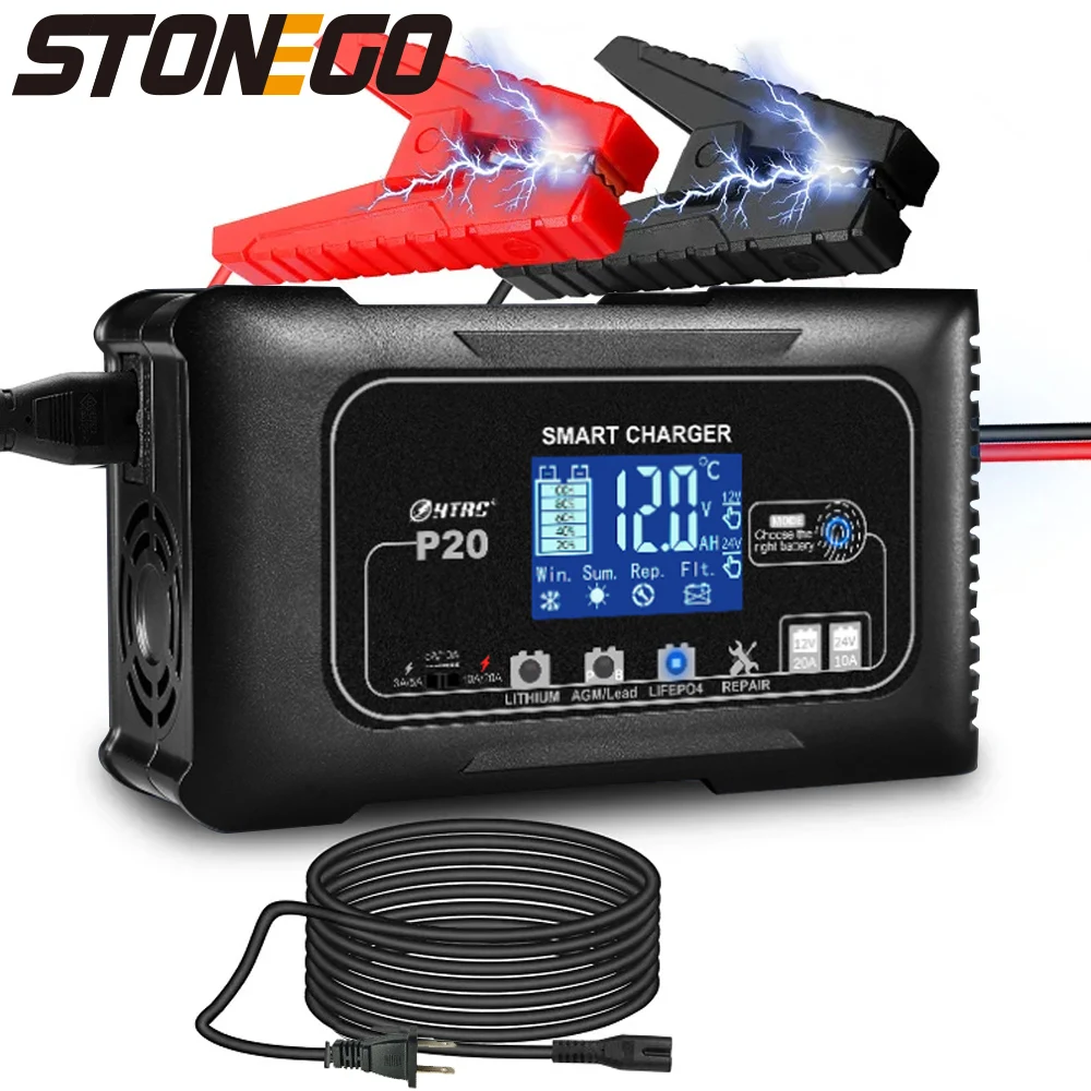 HTRC 12V/24V Battery Charger 20A LCD Screen Automatically Pulse Repair Charger For ATV Motorcycle Lead Acid Agm Gel Lithium