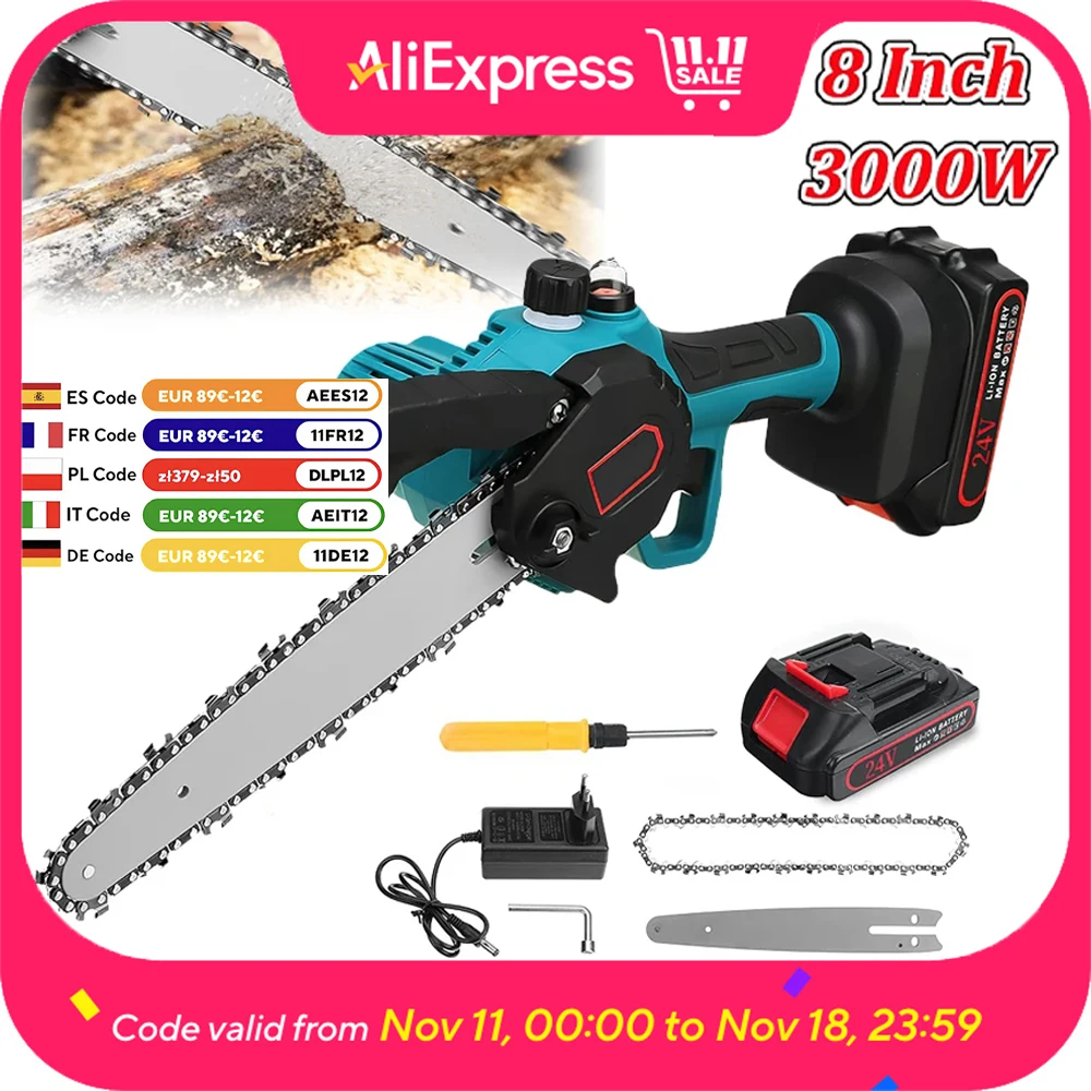 8inch 24V Electric Cordless Chainsaw 3000W High Power Woodworking Handheld borrowing Saw Garden baking Tool ForMakita18V Battery