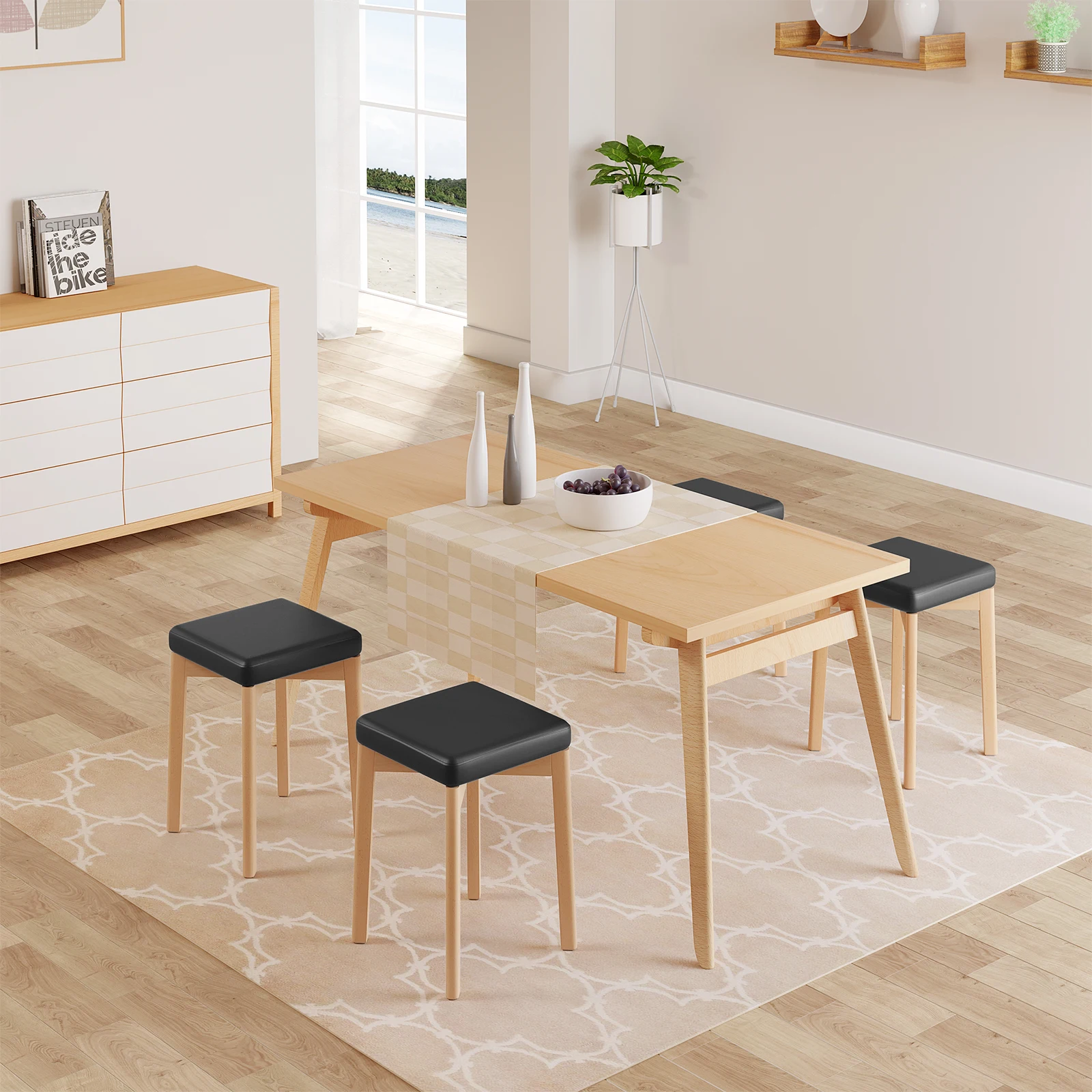 2PCS/SET Stackable Kitchen Dining Chair Solid Wooden Stool with Padded PU Covered Seat Upholstered Chair for Dining Room