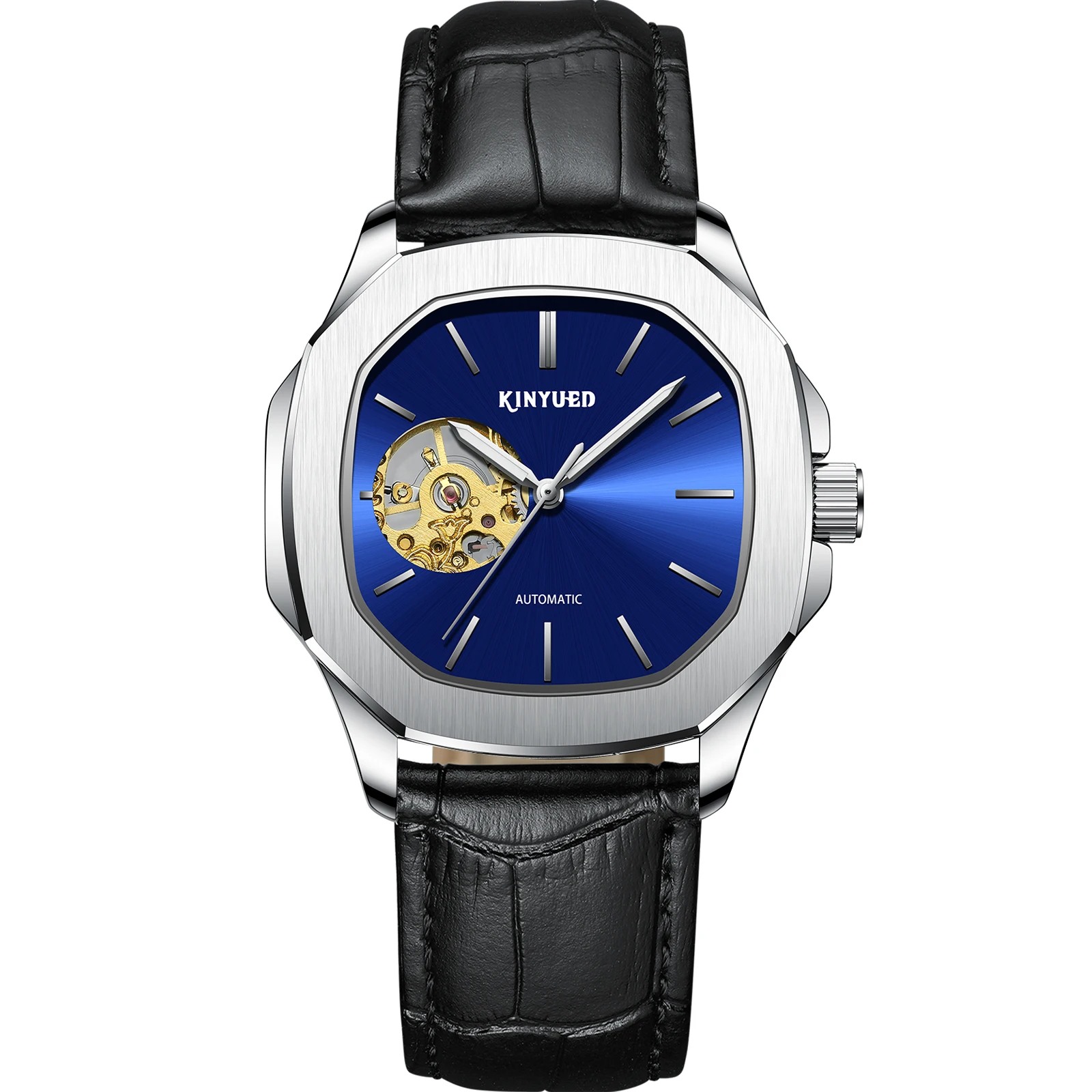 عالية الجودة Sunray الهيكل العظمي مضيئة الطلب جلدية باند ساحة الرجال التلقائي ساعة ميكانيكية