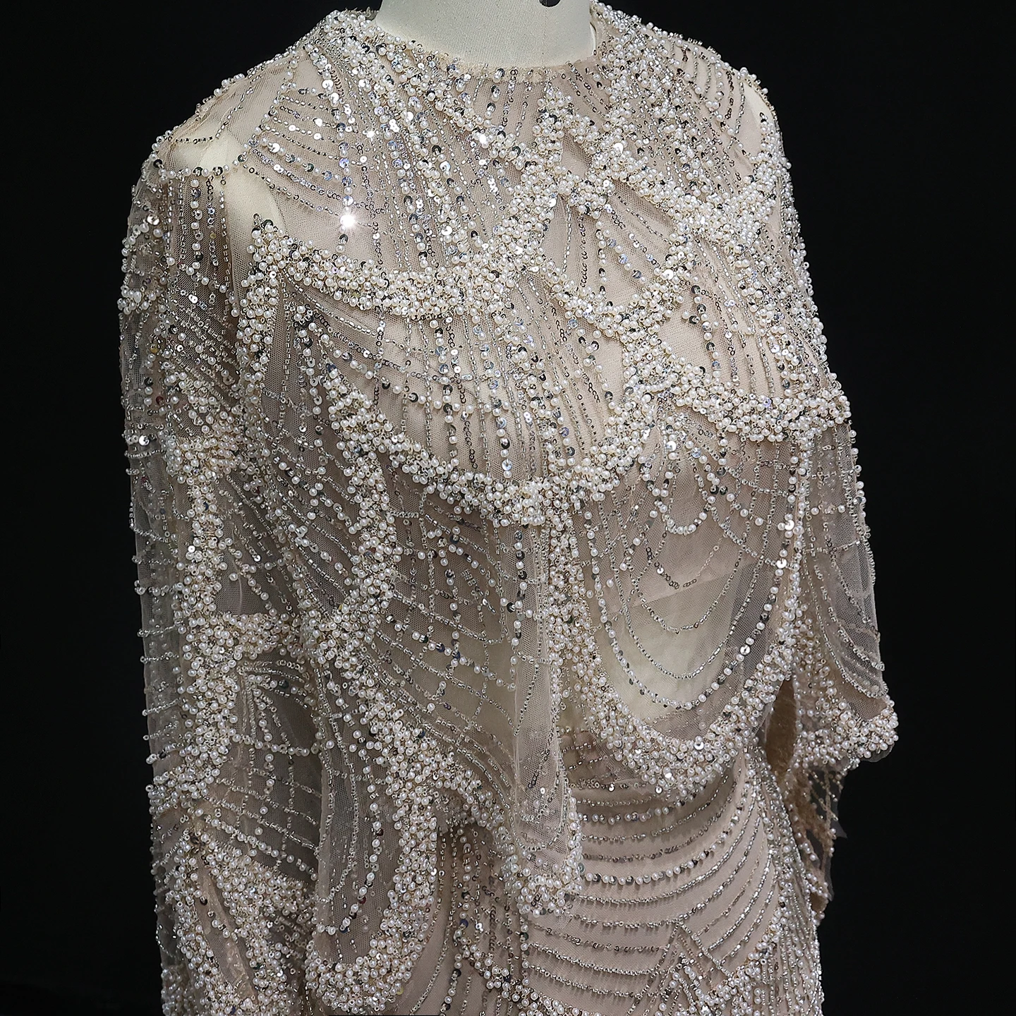 Sharon Said Luxuriöses Perlenbesetztes Dubai Nude Zweiteiliges Crop-Top Meerjungfrauen-Abendkleid mit Cape Arabisches Hochzeitskleid SS646 Maßanfertigung – Detail 9