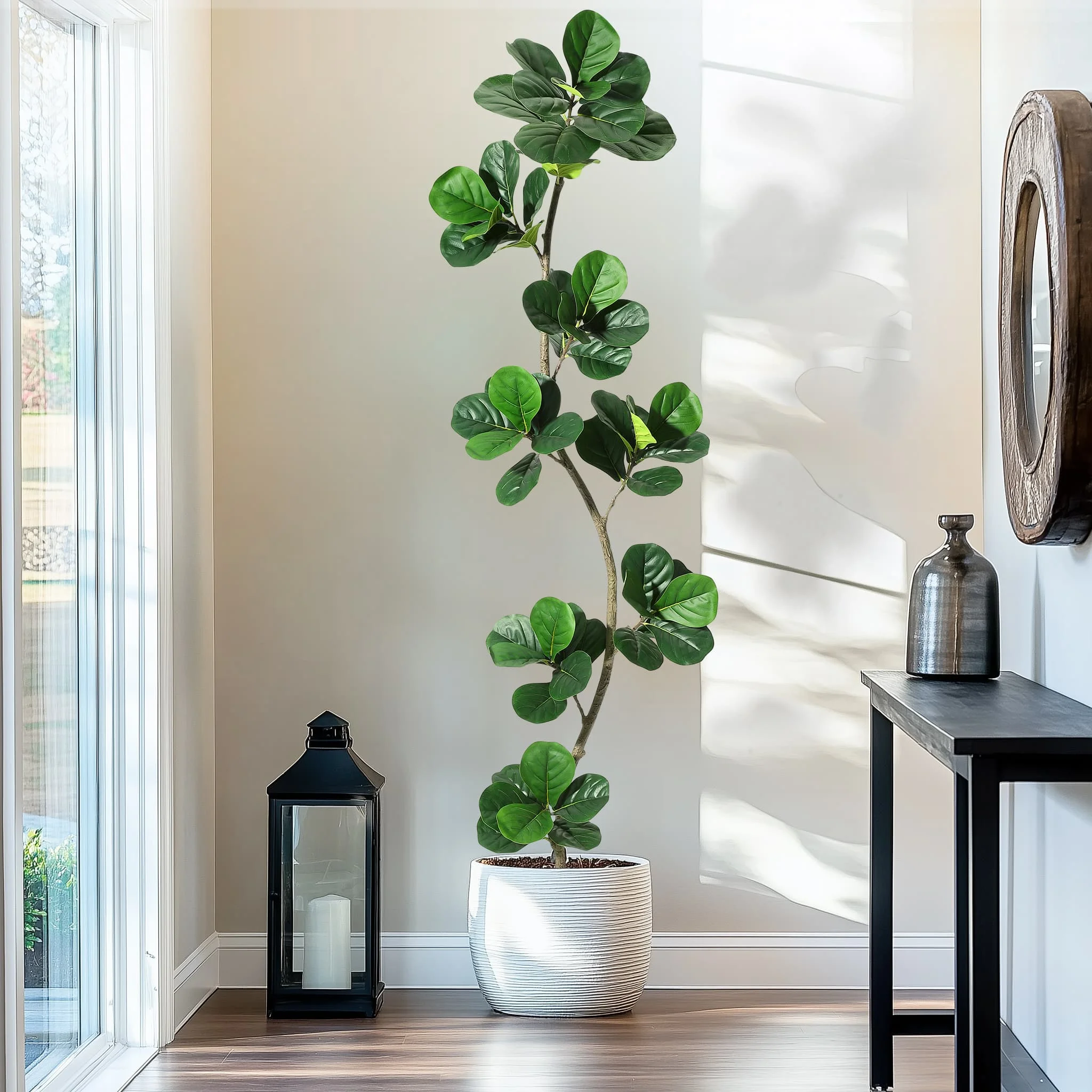 HiMISS Arbre artificiel Ficus lyrata de 150/180/210 cm, grande plante artificielle réaliste avec pot noir, arbre décoratif réaliste pour l'intérieur et l'extérieur, pour la décoration de la maison et du bureau