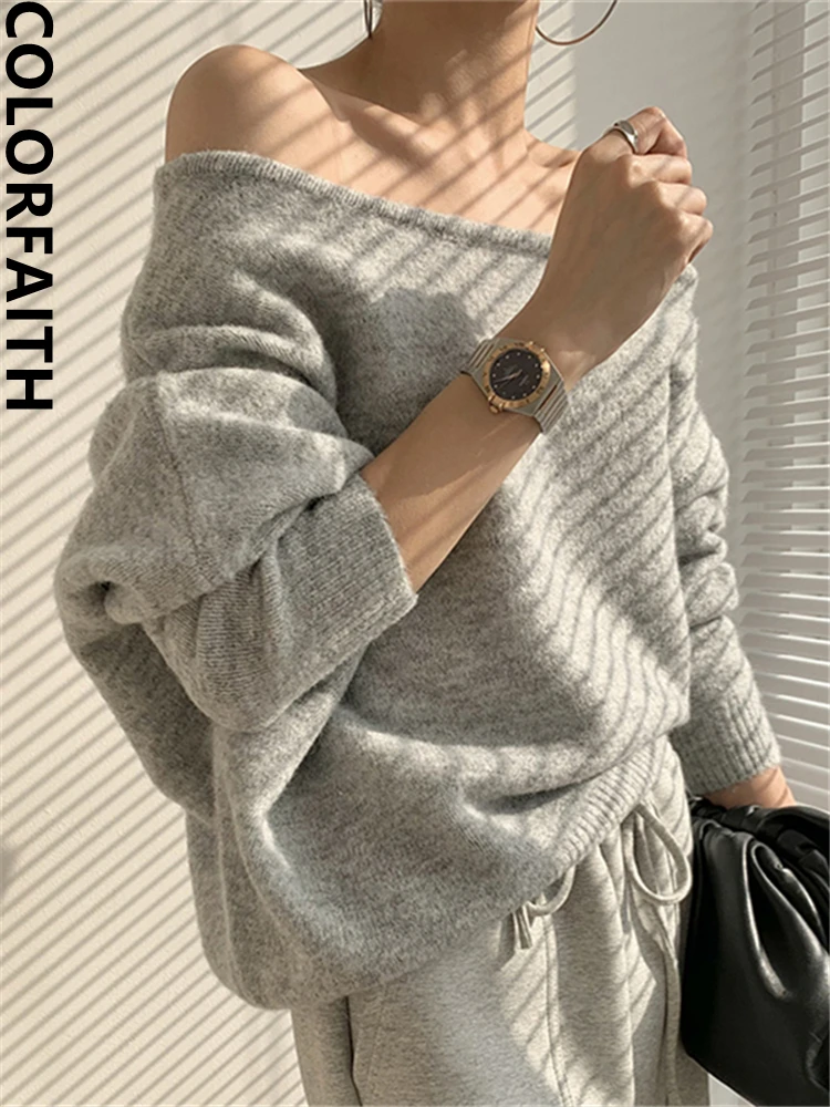 Colorfaith New 2022 Vintage Korean Fashion Slash Neck Sexy Oversized Irregular Knitted Women Autumn Winter Sweaters Tops SW2704