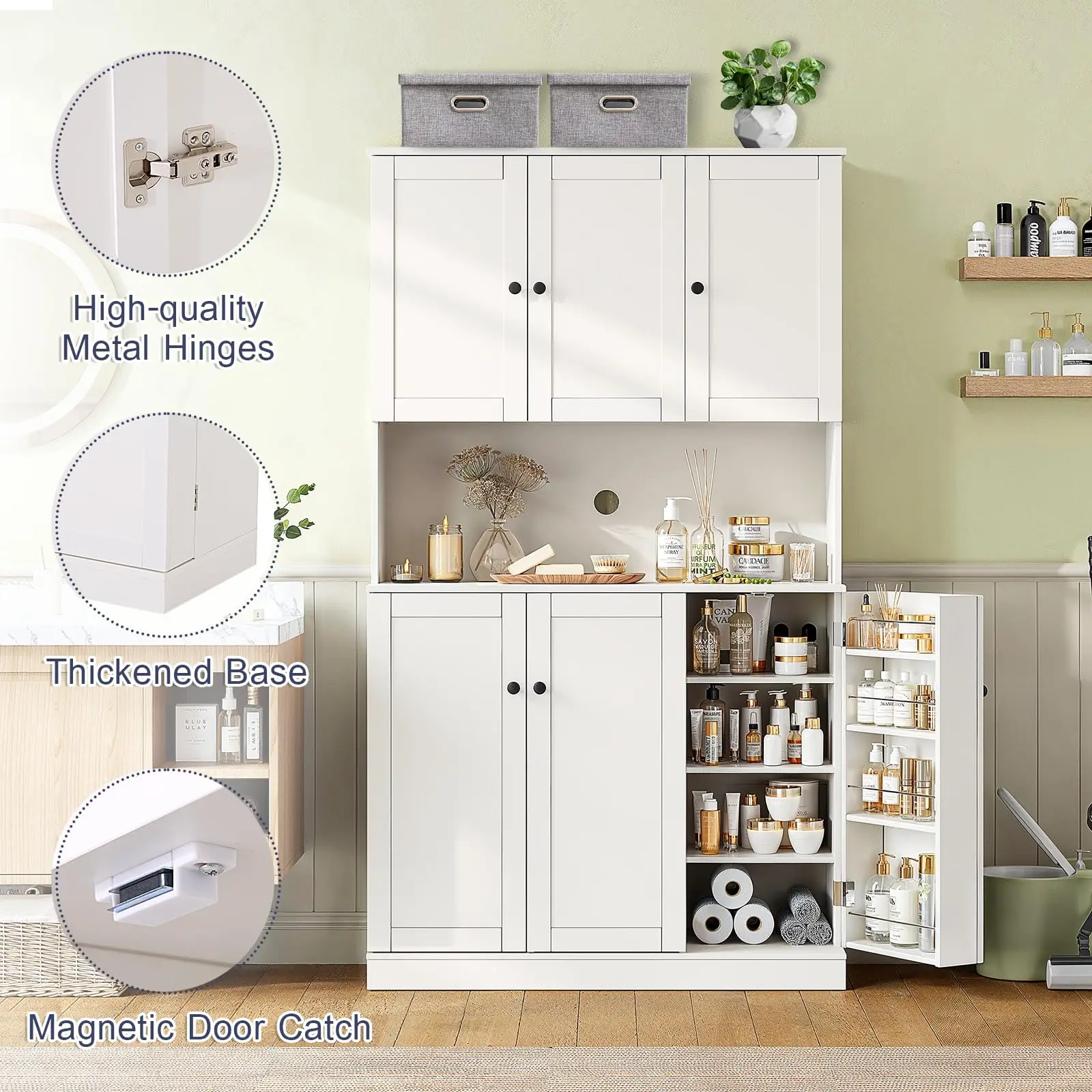 Kitchen Pantry Storage Cabinet with Microwave Stand & Door Shelf, Freestanding Kitchen Hutch with 6 Doors Food Pantry