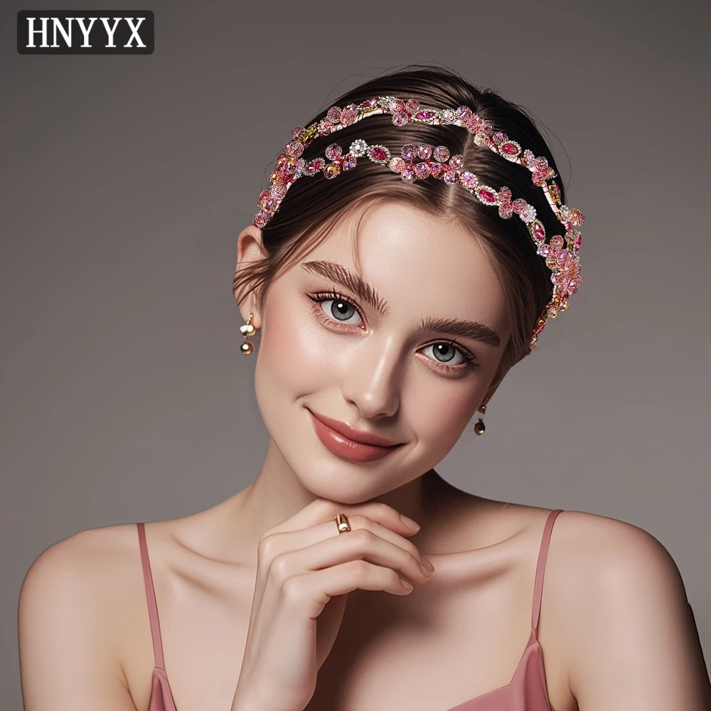 

HNYYX Colorful Crystal Broad Tiara Girls Princess Baroque Rhinestone Wedding Hair Accessories Birthday Party Pink Headband A162