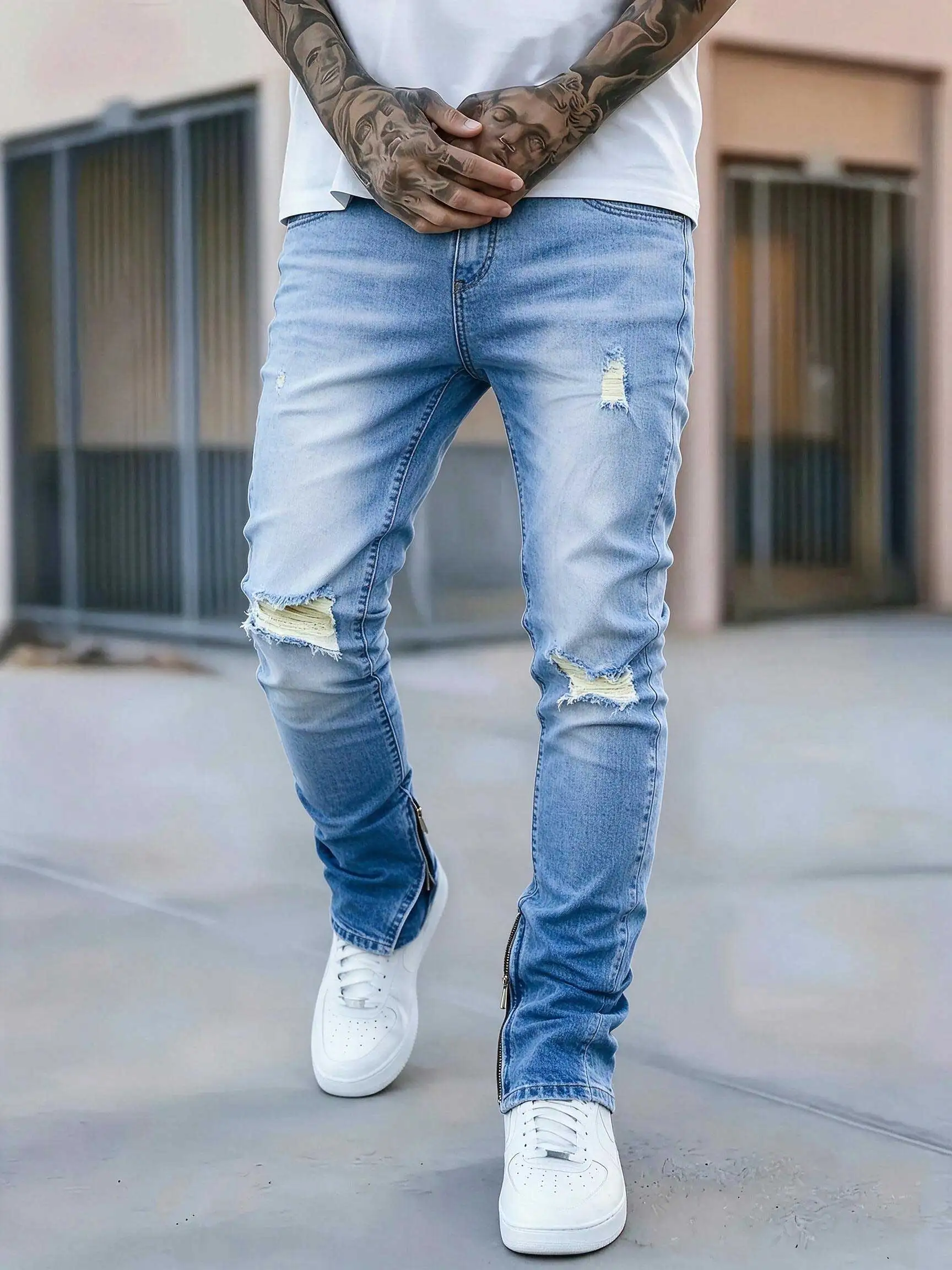 Men's Fashion Ripped Hem Zipper Jeans