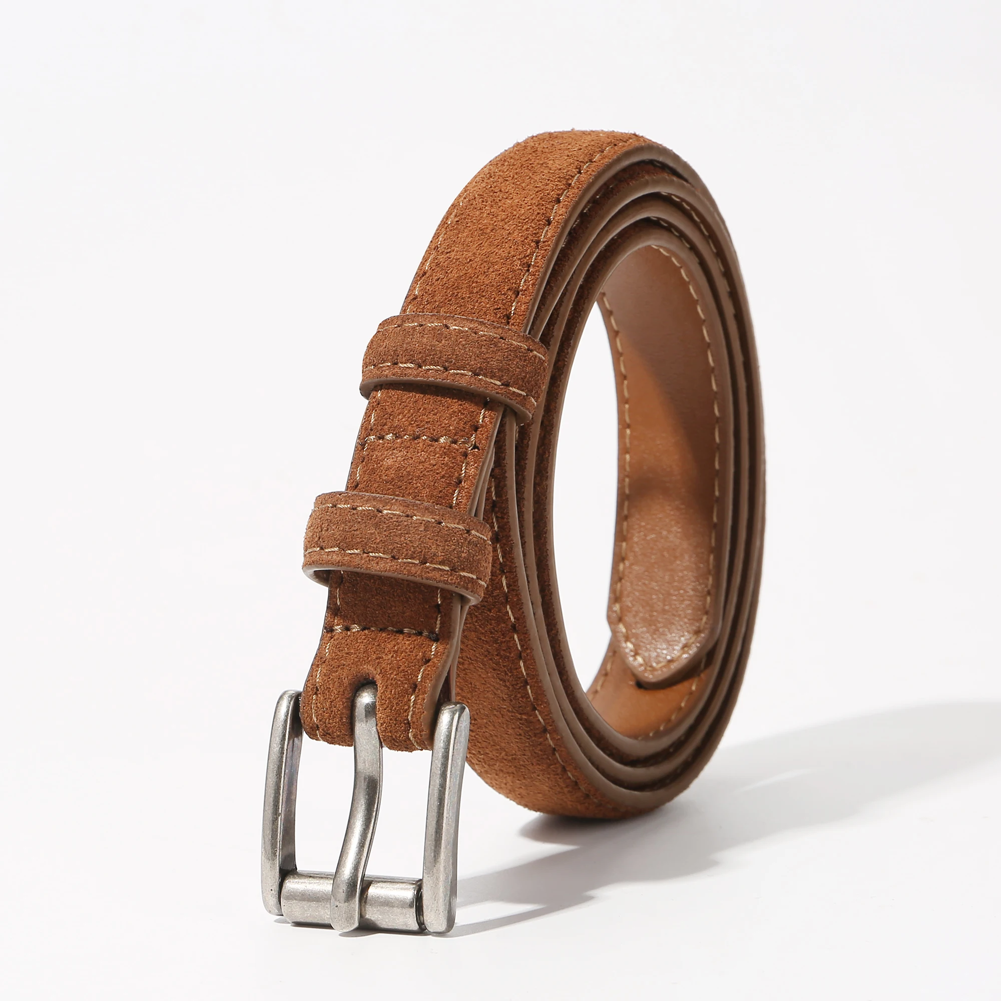 Modische Damengürtel für Jeans, Kleider und Hosen Luxuriöser Ledergürtel für Damen Wildleder-Rindsledergürtel mit Silberschnalle – Detail 5