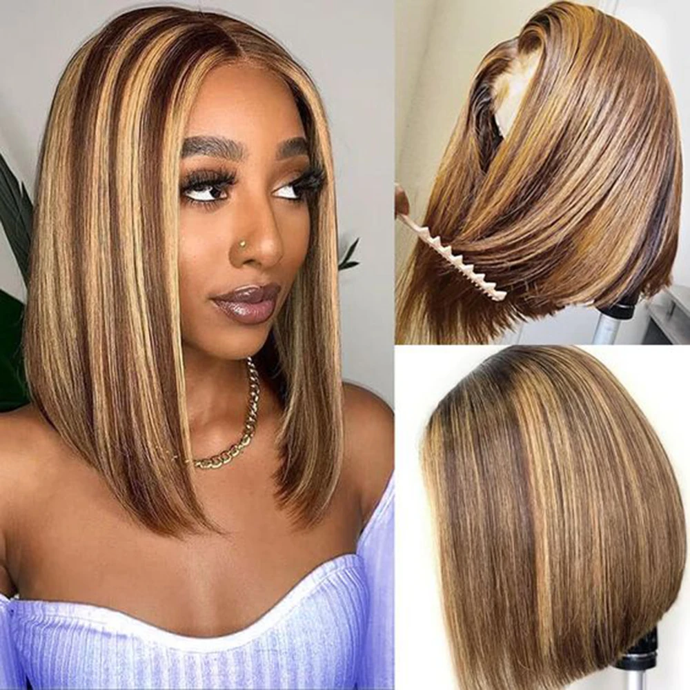 

Highlight Brown 4x4 Straight Lace Front Wig Human Hair Wigs For Women Lace Closure Wig Pre Plucked Honey Blonde Colored Cheap Wi