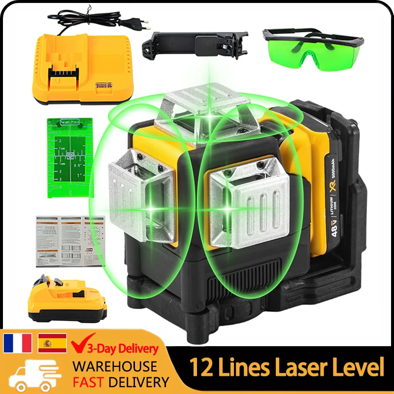 12 Lines Laser Level Horizontal Green Light Level Meter set Outdoor Surveying Tools 3D 360 Degree Vertical 12V Lithium Battery