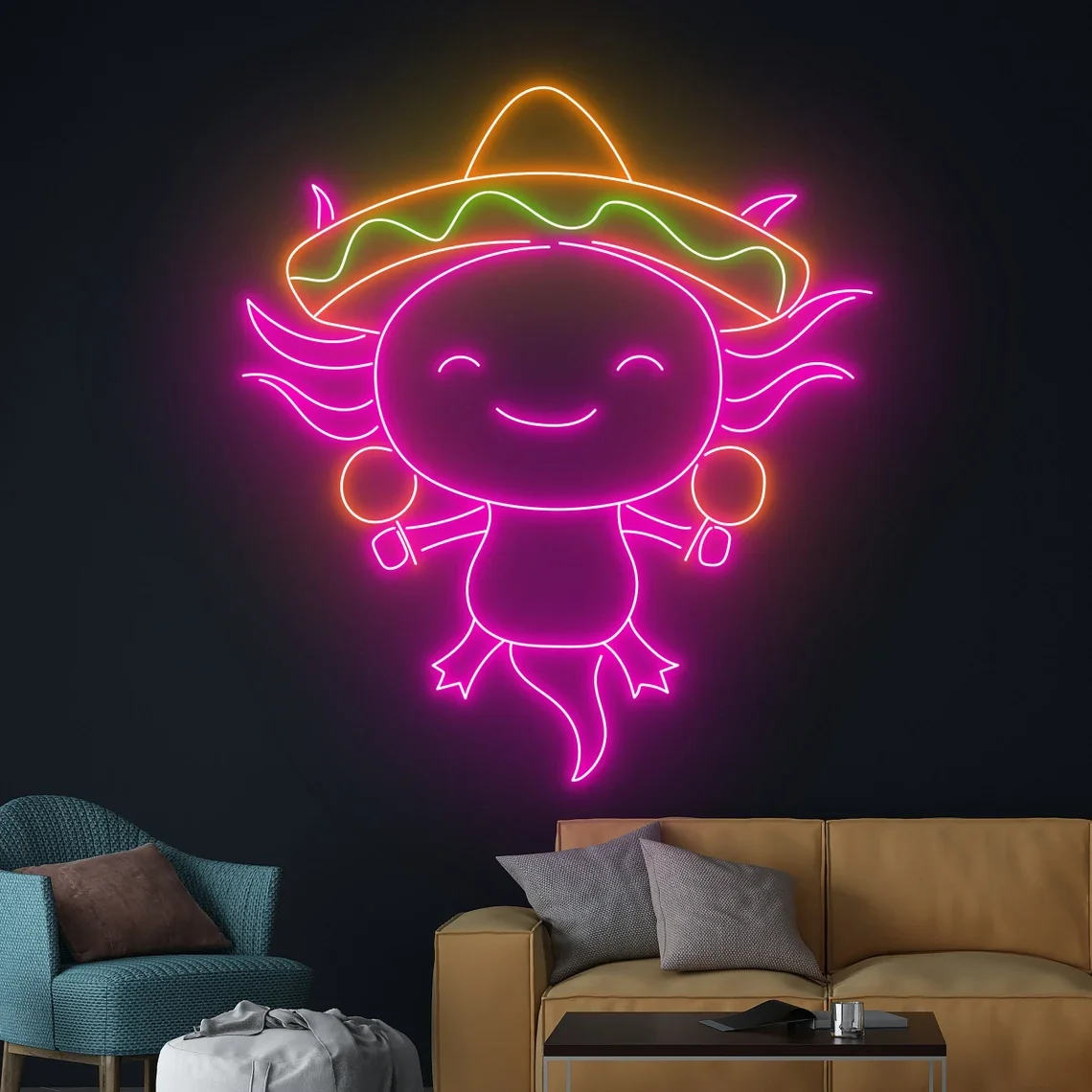 Mexican Sombrero Axolotl Neon Sign Cute Cartoon Animal Cartoon Sign Restaurant Room Wall Hanging Mexican Bar Beer Sign