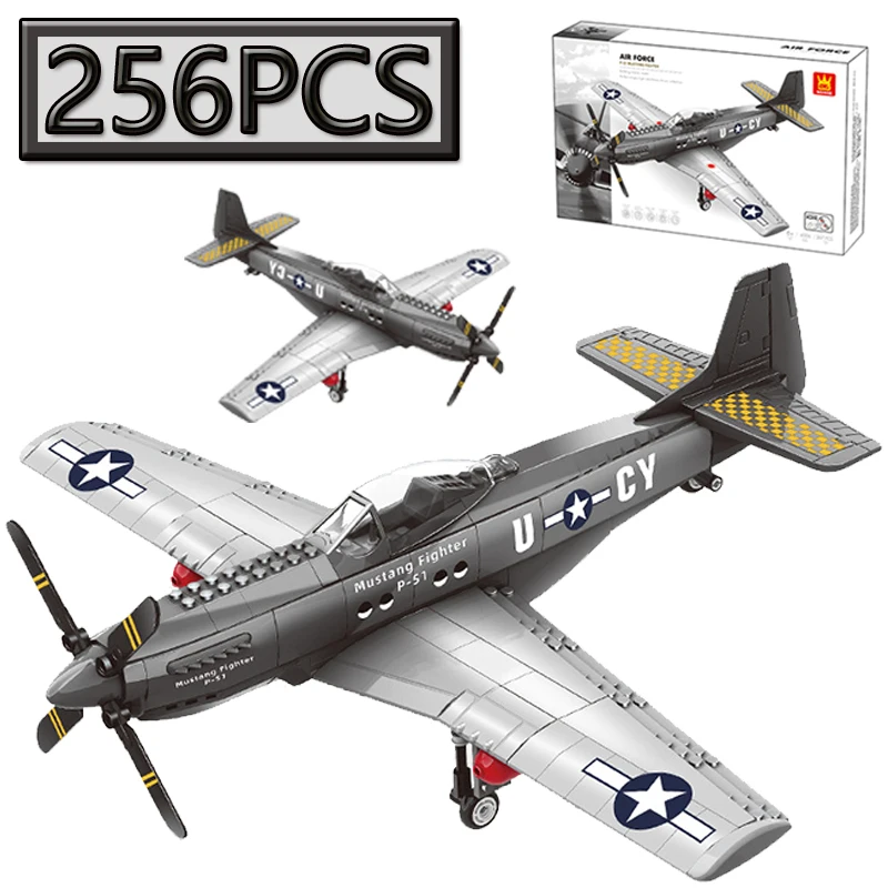 256PCS P-51 Mustang Fighter MOC Building Blocks Set DIY Creative Aircraft Model Home Decor Puzzle Toy for Birthday Gift