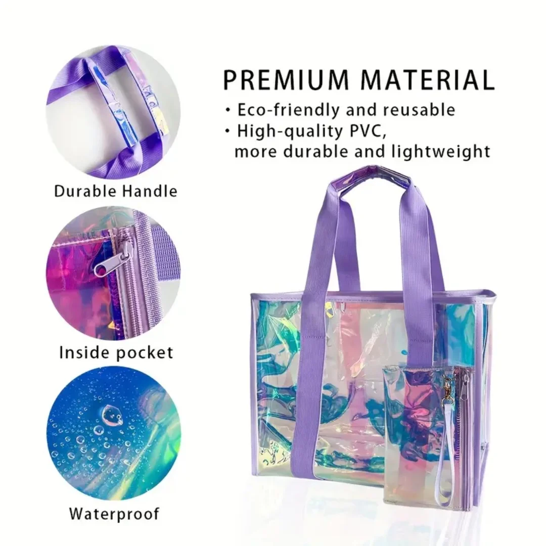 Stylish large hologram tote bag - Rainbow PVC with drawstring handles and zipper closure, perfect for work, beach, concerts and