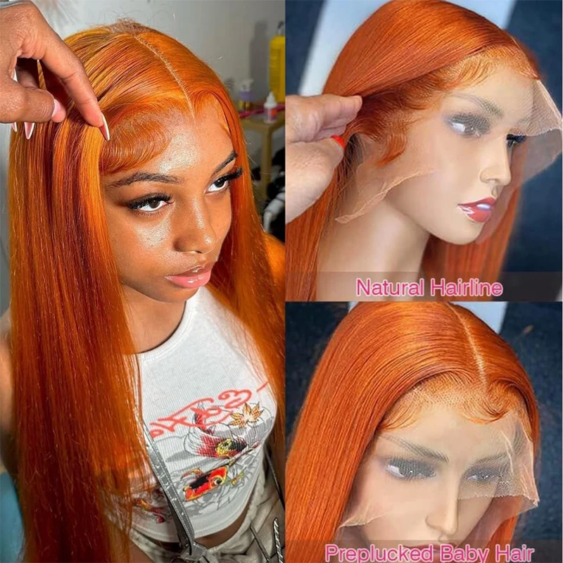 Pelucas de encaje frontal transparente para mujer, cabello humano liso naranja jengibre, 100% cabello humano, 350 de color, 34 pulgadas, 13x6, 13x4, 200%