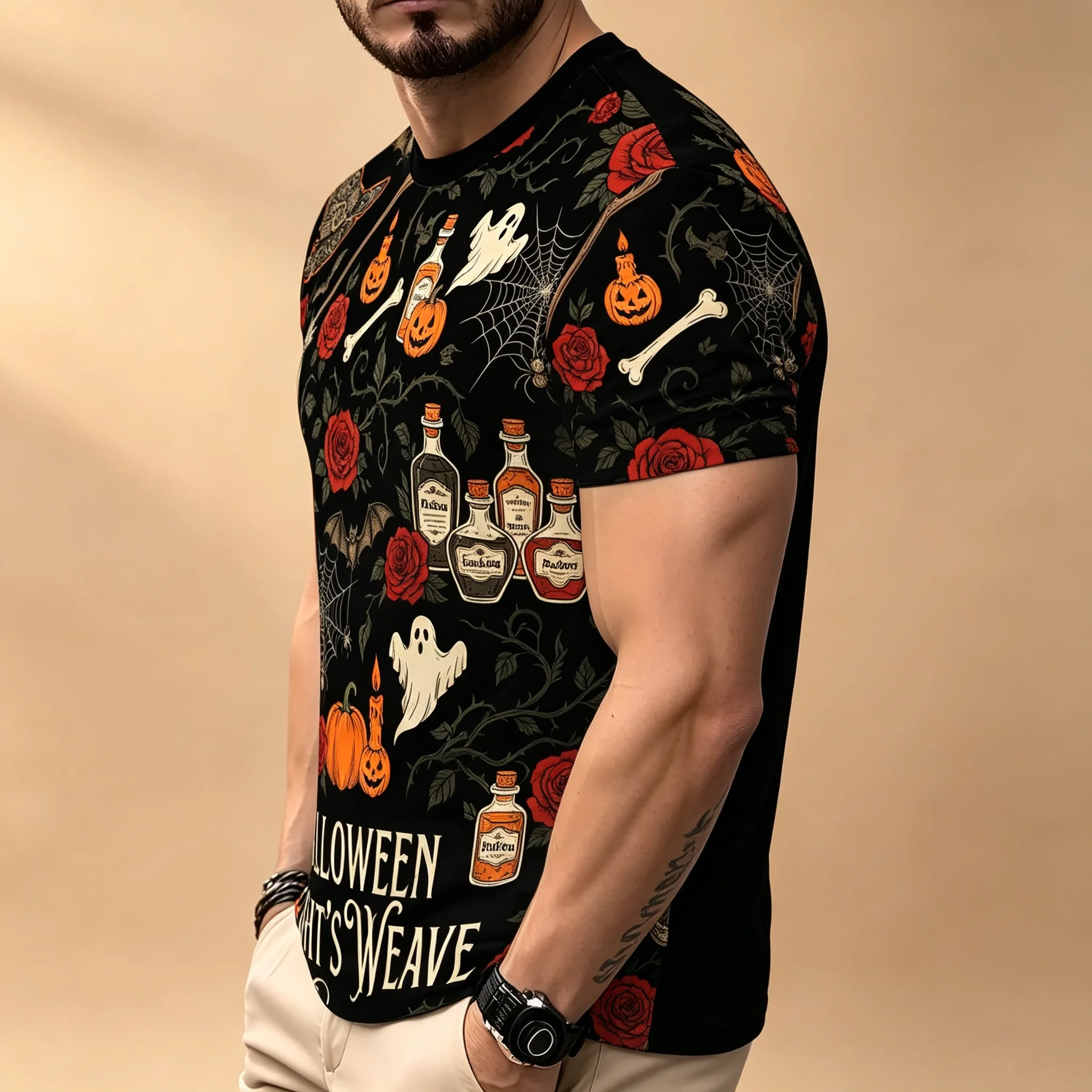 Men Halloween Short Sleeve T‑Shirt Ghost Pumpkin Rose Bat Potion Bottle Full Print Crew Neck Casual Holiday Party Tee Tops