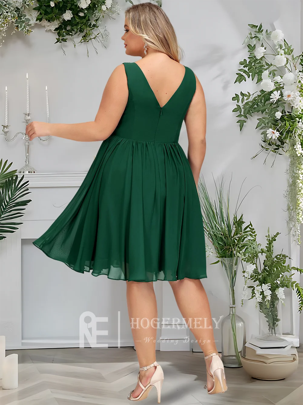 여성 ​ ​ 우아한 짙은 녹색 칵테일 드레스 여성용 2025 A라인 V넥 쉬폰 롱 드레스 무릎 길이 파티 게스트 드레스