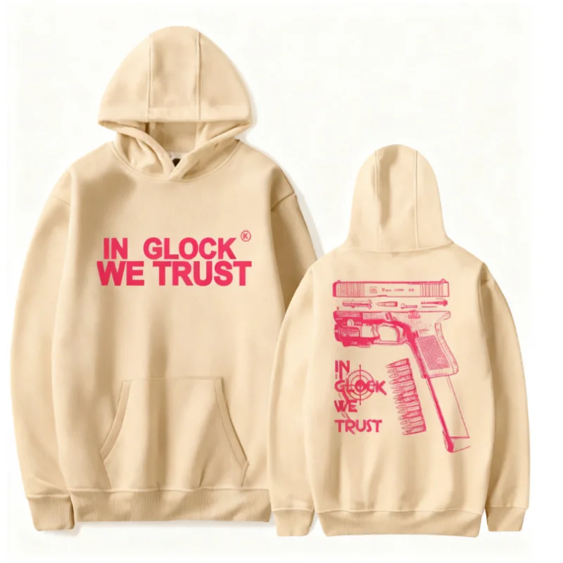 In Glock We Trust roze grafische hoodie voor heren en dames, unisex-stijl 100% katoenen trui