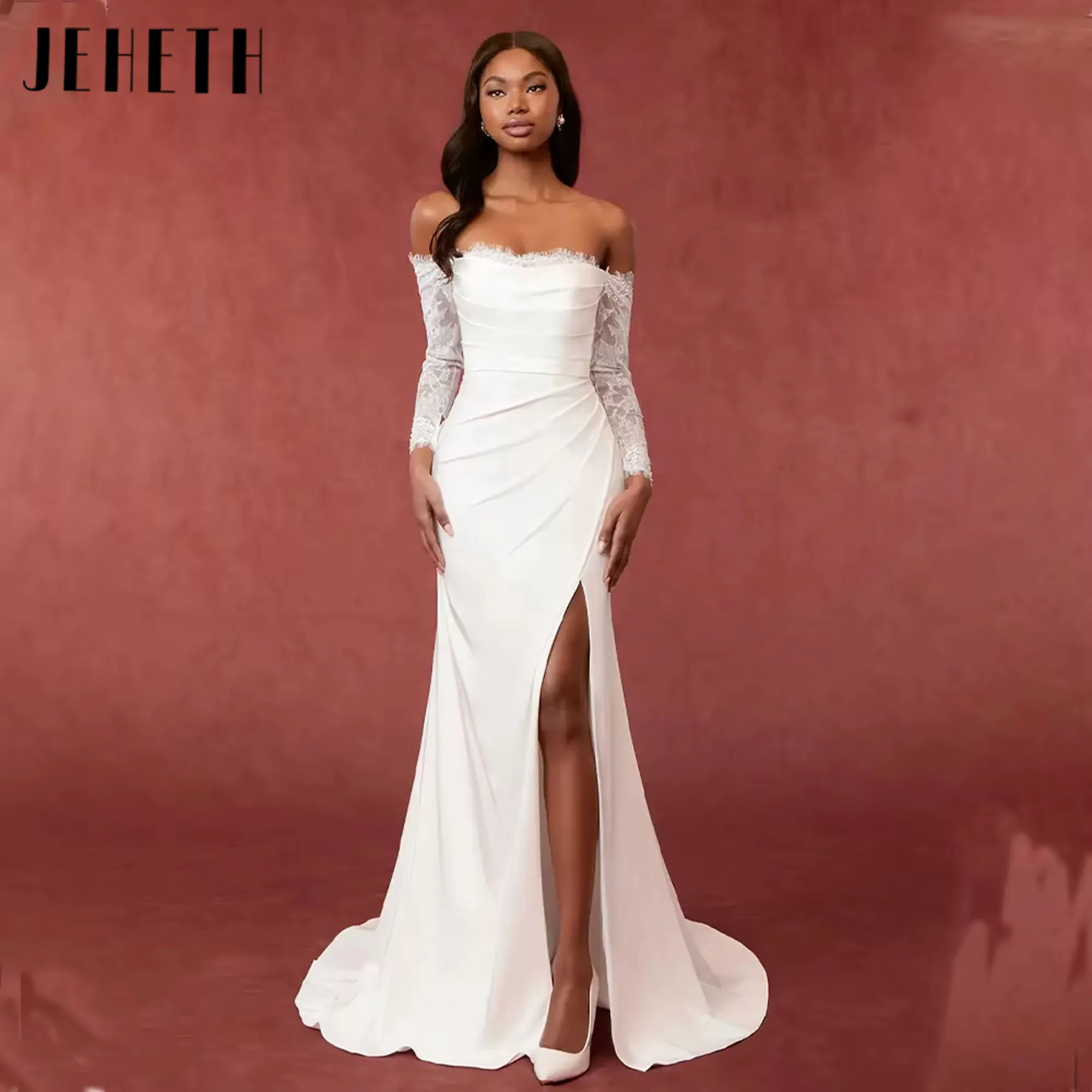 

JEHETH Modern Mermaid Off The Shoulder Long Sleeves Wedding Dresses Lace Side Slit Strapless Sweep Train Bridel Gown Customized