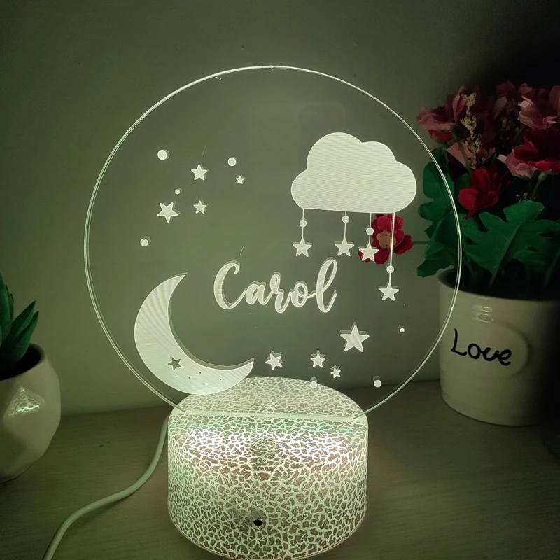 

Moon and Stars Decor Lamp Personalized Kids Nursery Baby Room Custom Name Acrylic 3D Night Light