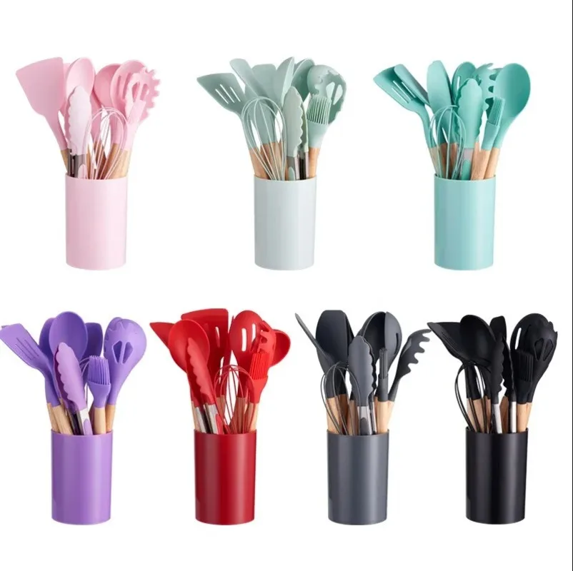 12 Pieces Set Kit Kitchen Utensils Spoons Silicone Spatula Cable Wood Decoration Various Colors-Immediate Shipping