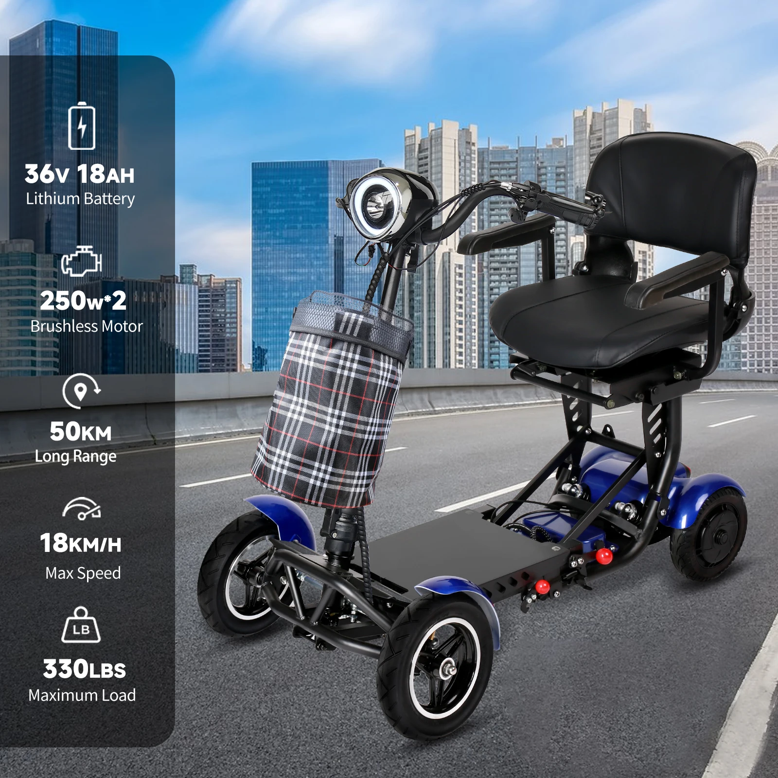 4-wiel scootmobiel elektrische scooter dubbele 500W motor 36V 18Ah lithiumbatterij lichtgewicht opvouwbaar lange afstand 50 km