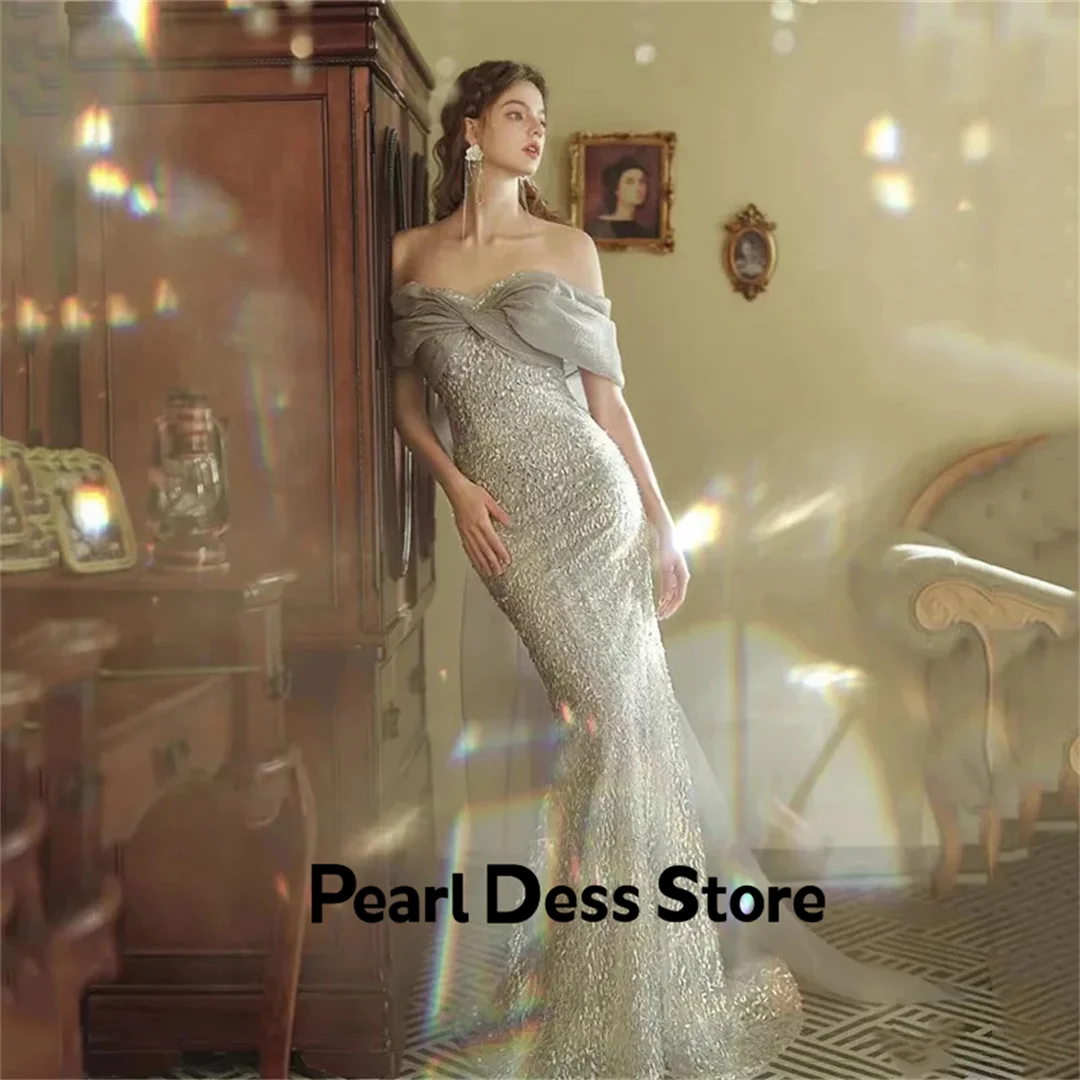 Luxury Beaded Ball Dress 2023 Vintage Sparkling Mermaid Off Shoulder Detachable Bow Tail Bridal Dress Silver Grey