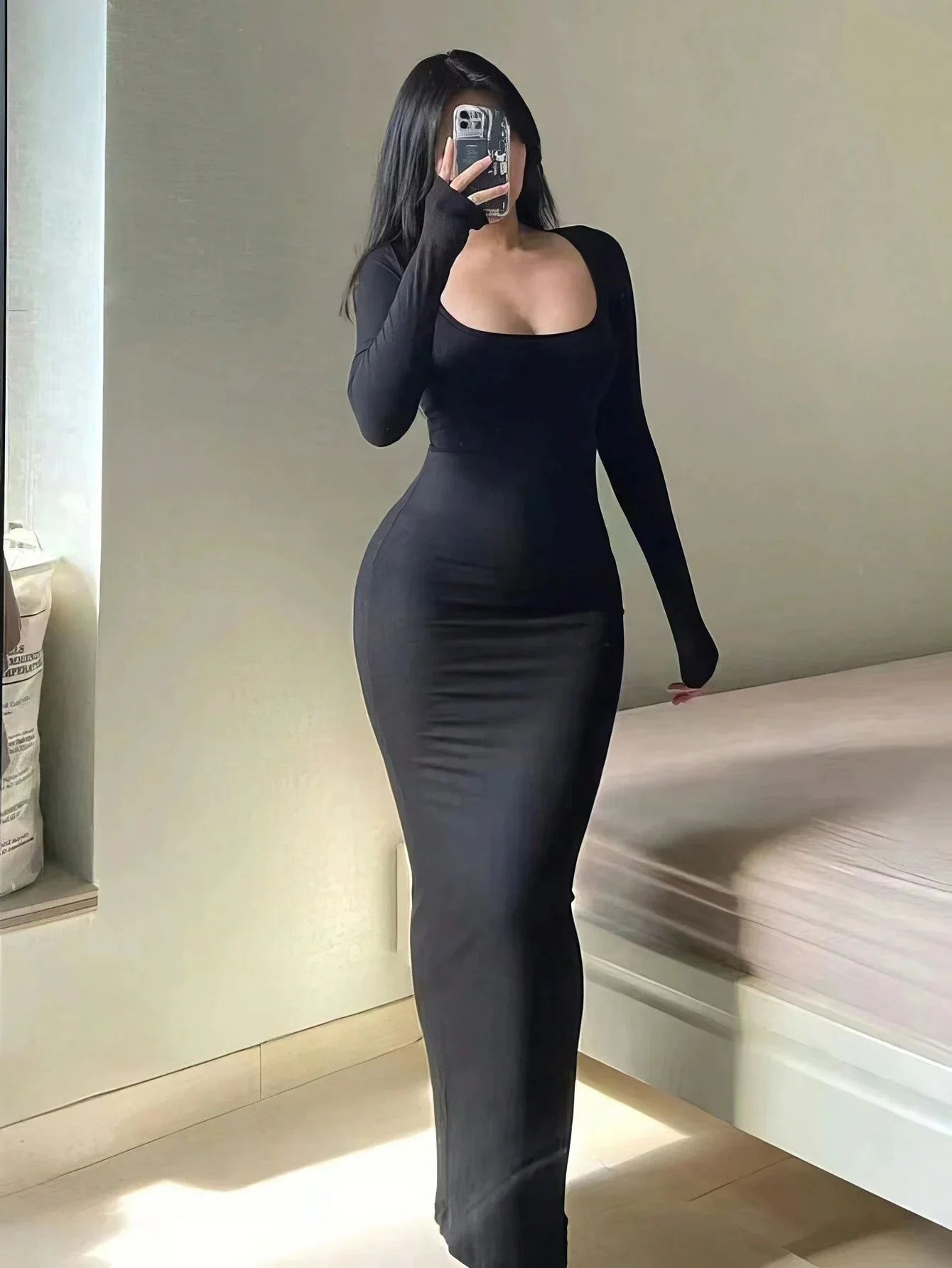 Effen bodycon-jurk met lange mouwen voor dames, chique basic minimalistische casual mode lange jurk met ronde hals, dameskleding - afbeelding 2