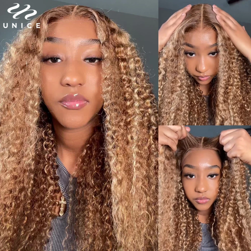 UNice Blonde Highlight Curly 7x5 13x4 Pre Everything Lace Wig Human Hair Pre Cut Pre Bleached Wear Go Glueless Wig 150% Density