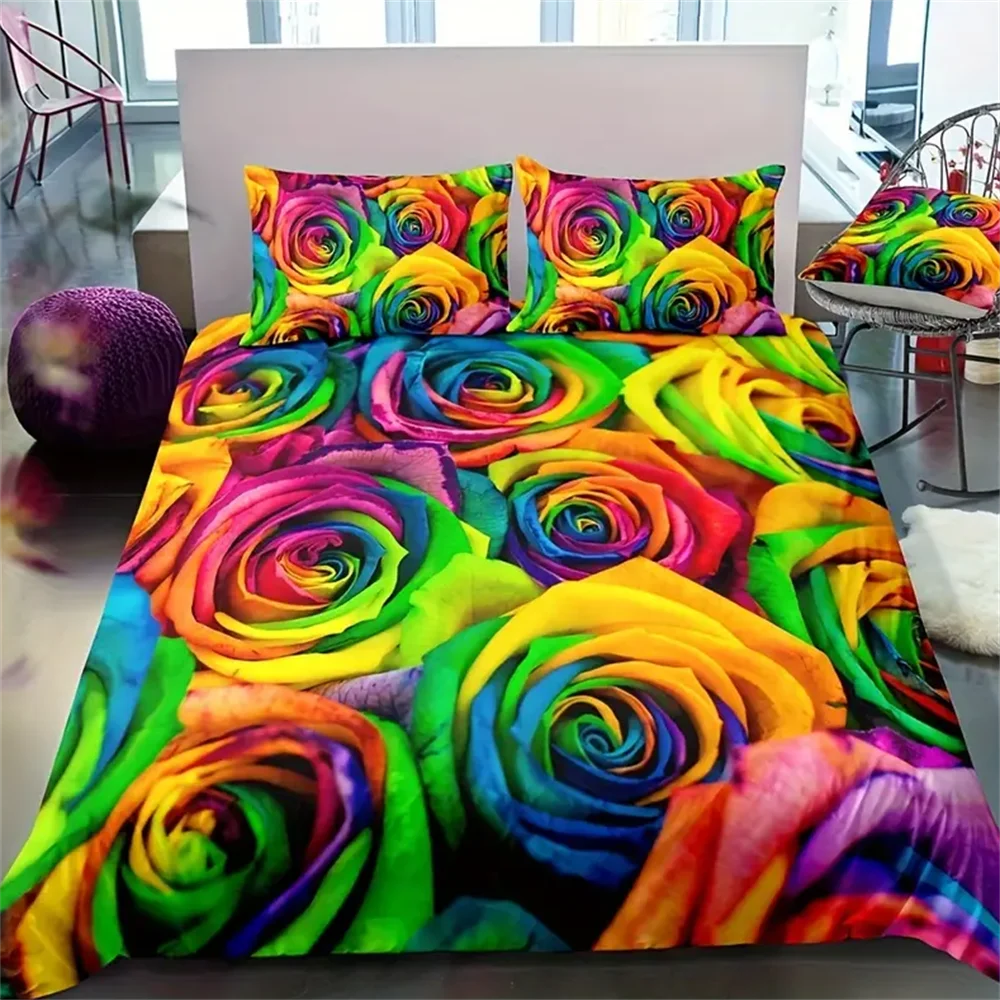 3pcs Rainbow Rose Floral Bedding Set, Tie Dye Flower Bedroom Decor Duvet Cover Set, No Filler (1pc* Duvet Cover + 2pcs*Pillowcas