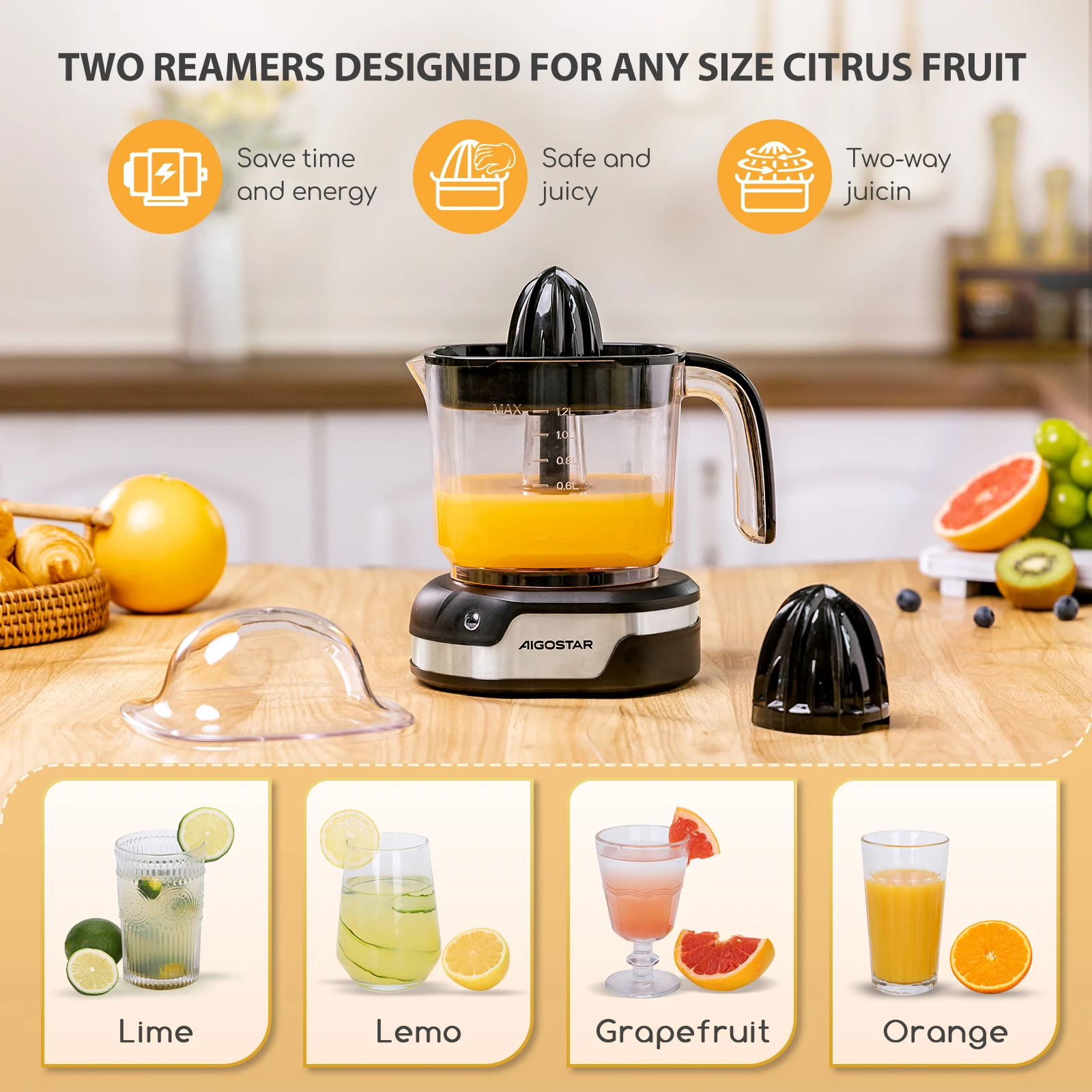 عصارة Aigostar الحمضيات الحمضية الكهربائية السوداء 40 وات 1.2 لتر عصارة فواكه للعصير