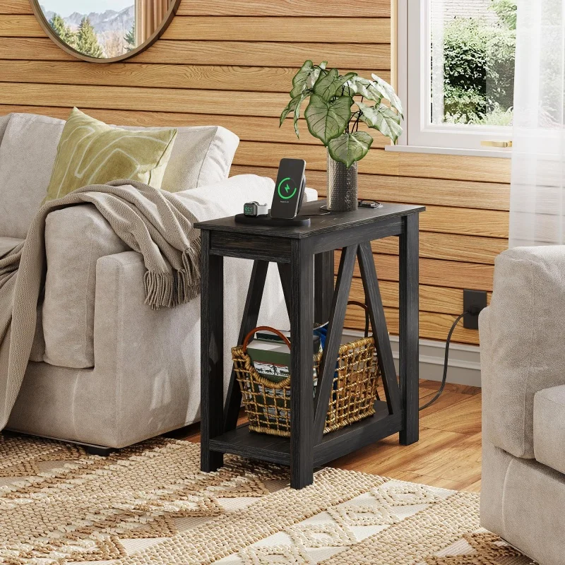 

GALAXHERO Narrow End Table Charging Station Open Shelf Sofa Side Table 2USB Ports 2 Power Outlets Slim Farmhouse for Small Space