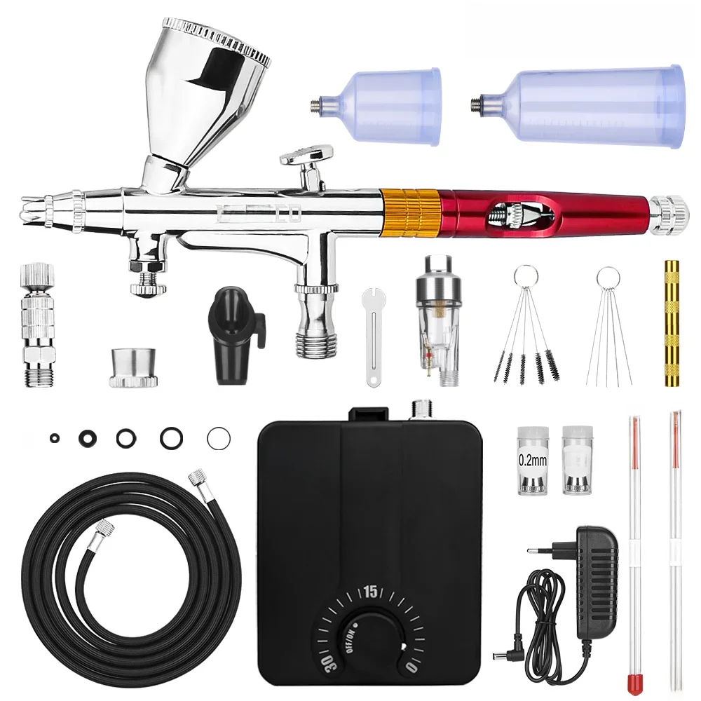 Dual-Action Airbrush met 30psi Auto Stop Compressor Kit Air Brush Spuitpistool voor Make-up Nagelverf Tattoo Body Cake Auto Kapper - afbeelding 2
