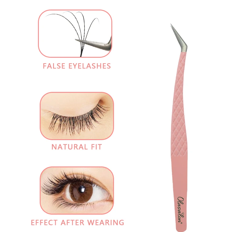 ステンレス鋼ストレートカーブピンセットピンクつけまつげエクステンションメイクアップツール、3Dまつげ精密クリップ