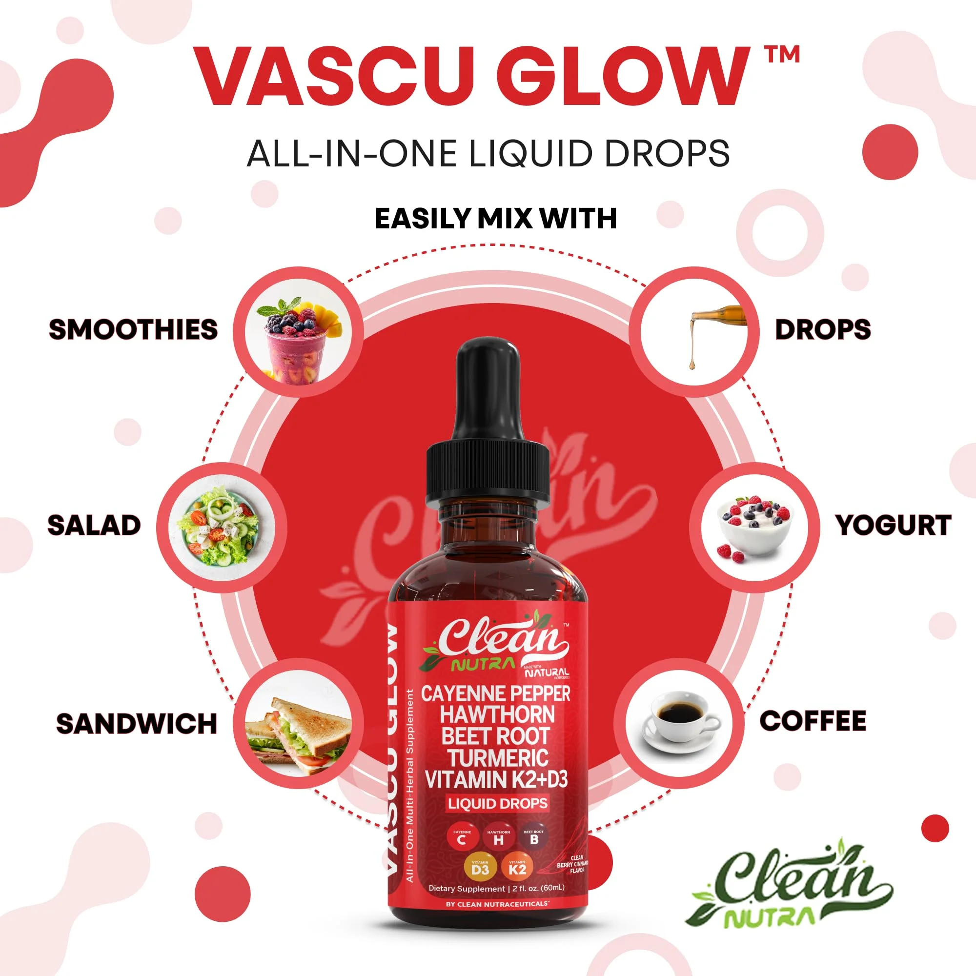 Vascu Flow Herbal Liquid Drops K2 D3 Beet Root Cayenne Pepper Supplement