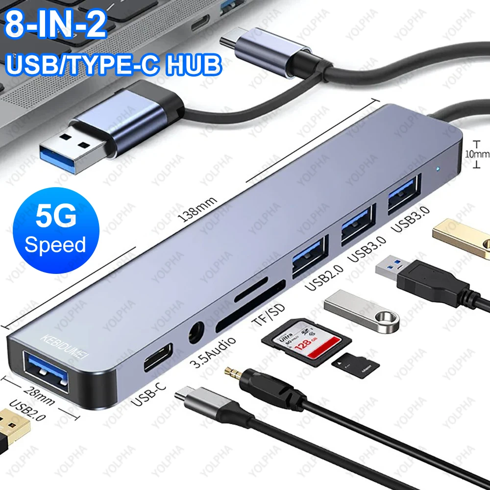 

8in1 USB Hub Docking Station with SD TF Card Reader 5 USB Ports Audio Jack TypeC OTG Adapter for iPhone15 PC iPad Laptop MacBook