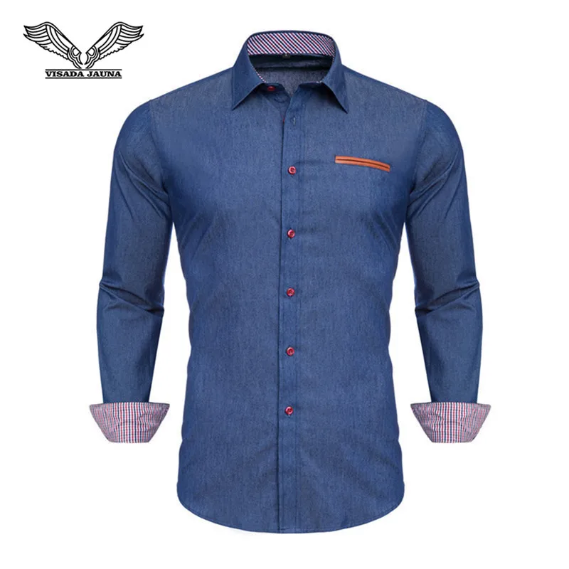 

VISADA JAUNA High Quality Men Shirt Jeans Long Sleeve Cotton Solid Casual Business Denim Shirt Brand Man Dress Shirts N5153