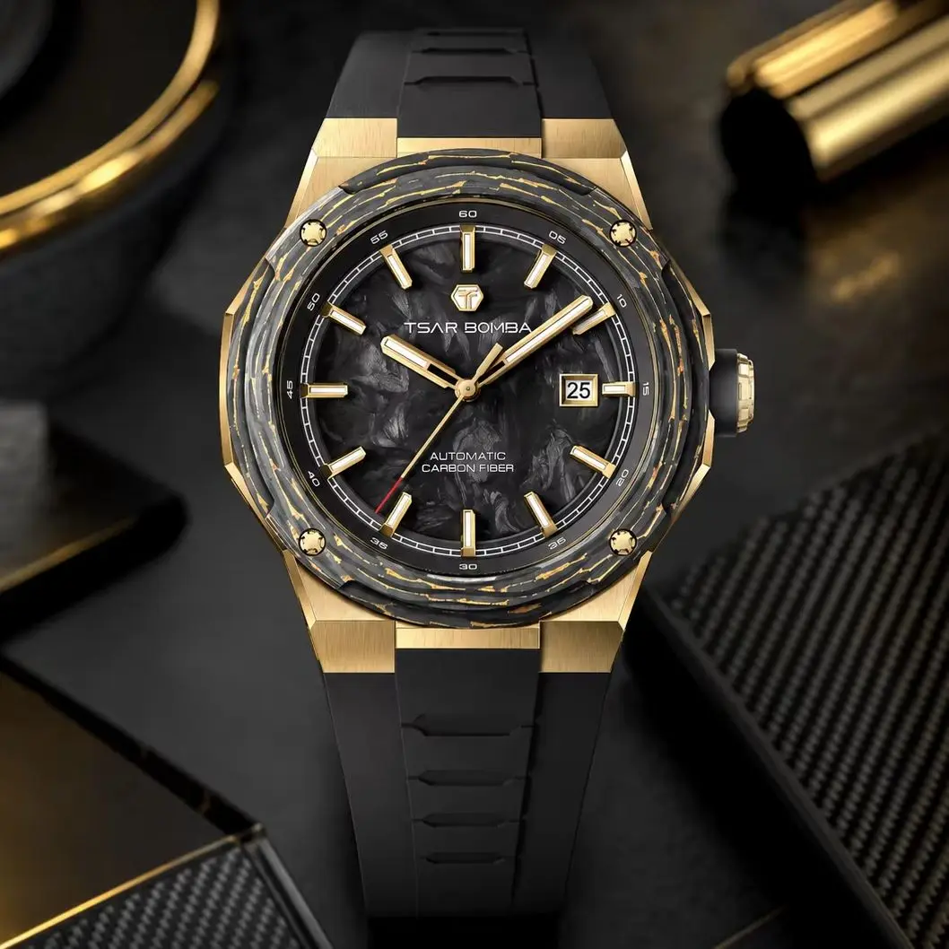 TSAR BOMBA TB8230 Men's Automatic Watch Carbon Fiber Bezel Dial Miyota Sapphire 10ATM Waterproof Golden Case Quick Release Strap