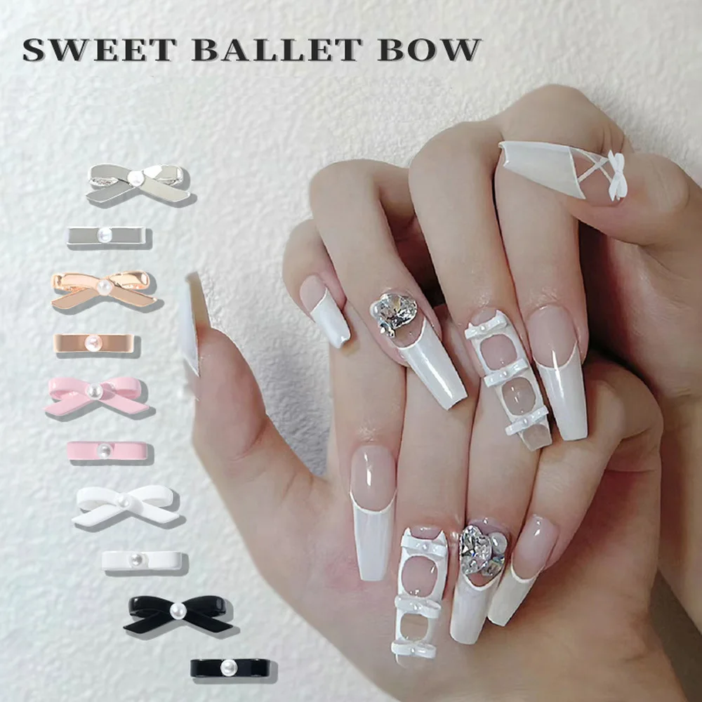 Nail Art Encantos para Sapatos de Dança, Liga 3D, Fita Kawaii Rosa, Arco de Pérola, Decoração de Unhas, Arcos de Balé Francês, Peças de Manicure, 10 peças