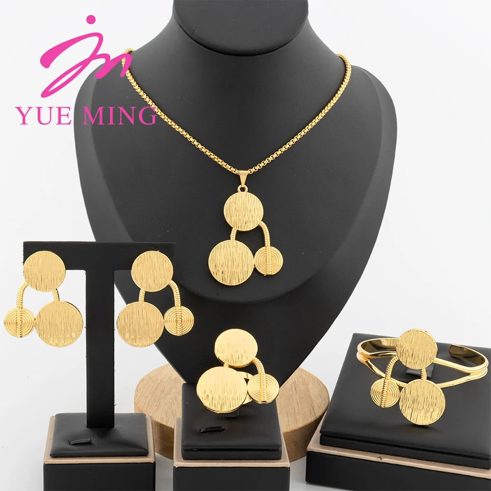 Dubai Gold Color Jewelry Set for Women Geometry Dangle Earrings Necklace Bangles Ring African Luxury Wedding Jewelry Accessory