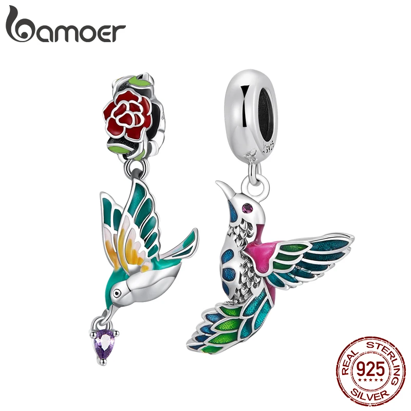 BAMOER Genuine 925 Sterling Silver Flower & Bird Charms Grain Rain Pendant fit Women Snake Bracelet & Bangle Spring Jewelry Gift