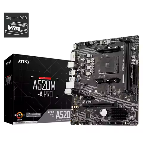 MSI A520M-A PRO Gaming Motherboard AMD Ryzen 5000, AM4, DDR4, PCIe 3.0, SATA 6Gb/s, M.2, USB 3.2 Gen 1, DVI/HDMI, Micro-ATX