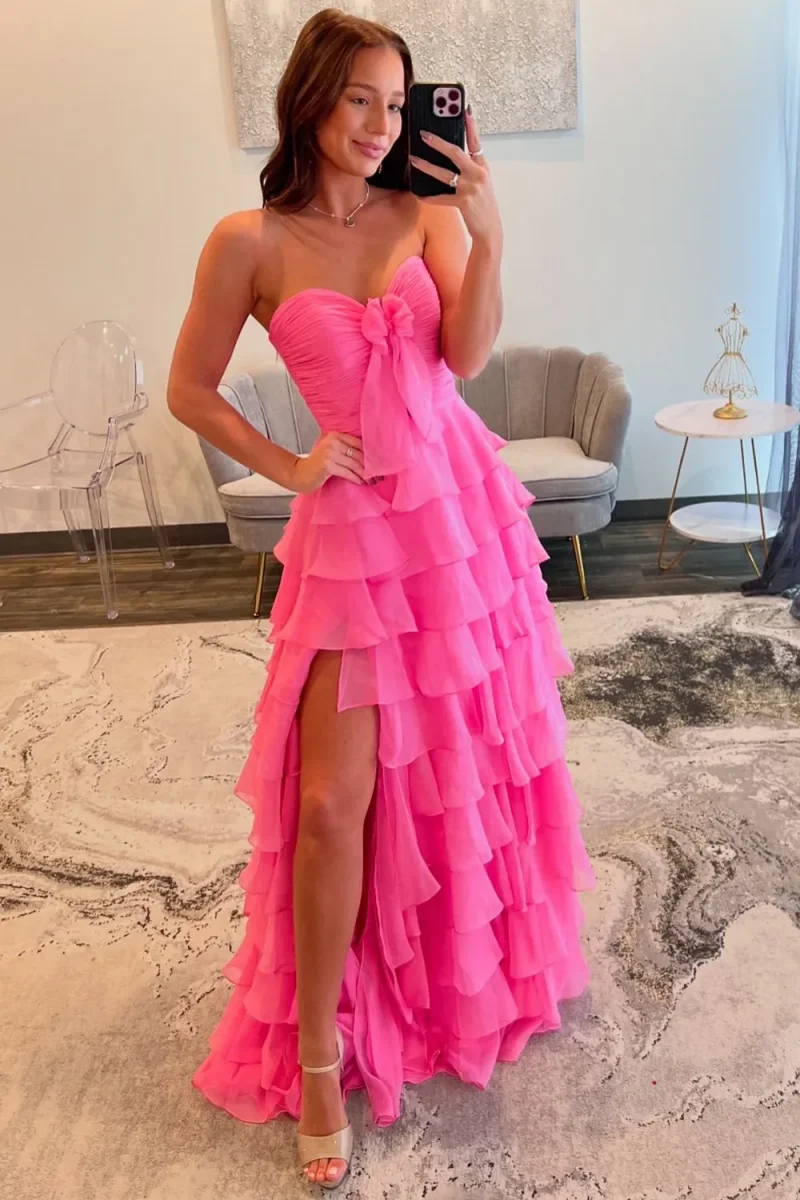 Jessica Sweet Pink Abiti da sera Abiti da ballo multistrato in chiffon plissettato Abiti da festa di nozze da donna con spacco laterale personalizzati