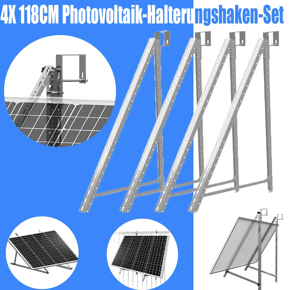 Kit di supporto regolabile per pannelli solari da 118 cm + kit di ganci per balcone, kit di montaggio in alluminio per pannelli fotovoltaici con gancio quadrato da 75 mm, sistema di montaggio per