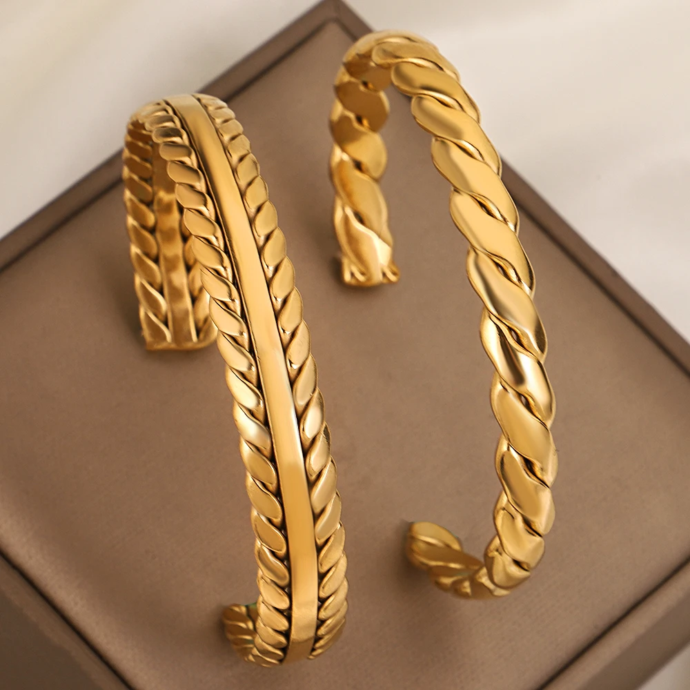 Smooth Surface Stainless Steel Leaf Opening Bangle Cuff Bracelet for Women Minimalist Waterproof Wide Bracelet Hand Jewelry Gift