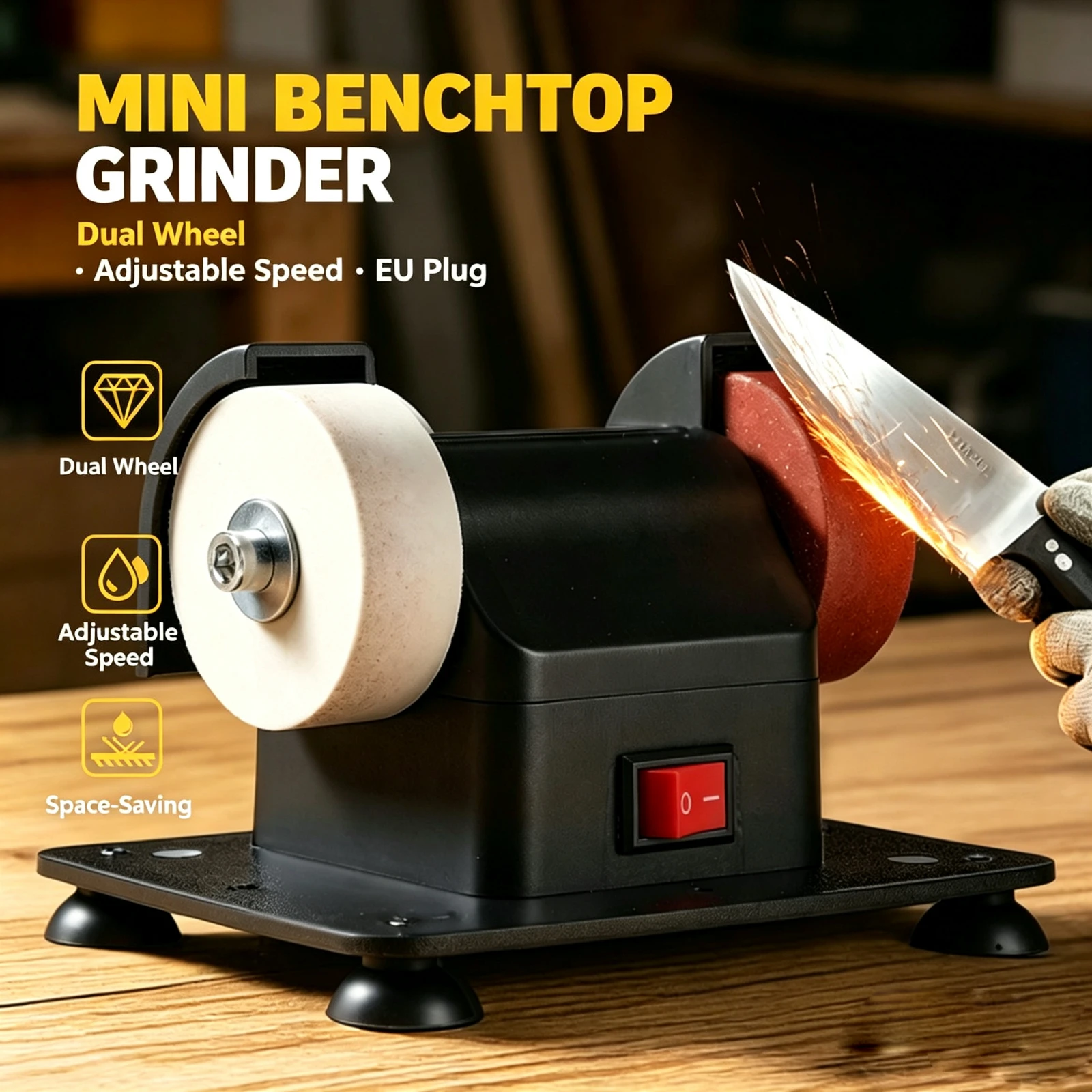 Adjustable-Speed Mini Benchtop Grinding Wheel Machine Space-Saving Design Dual Wheel Home Workshop Electric Grinder with EU Plug