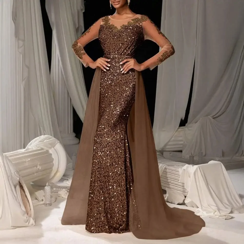 Zachte lichtgewicht stoffen jurk Elegante avondjurk met pailletten en kanten mouwen Tot de grond Bodycon Maxi voor cocktail voor dames - afbeelding 2