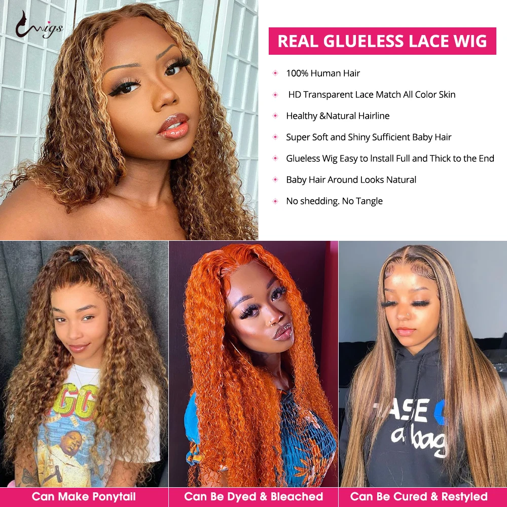 Uwigs Highlight Ready To wear Glueless Human Hair Wigs Pre Cut Curly Human Hair Wig 13x4 Transparent Lace Front Wig For Women