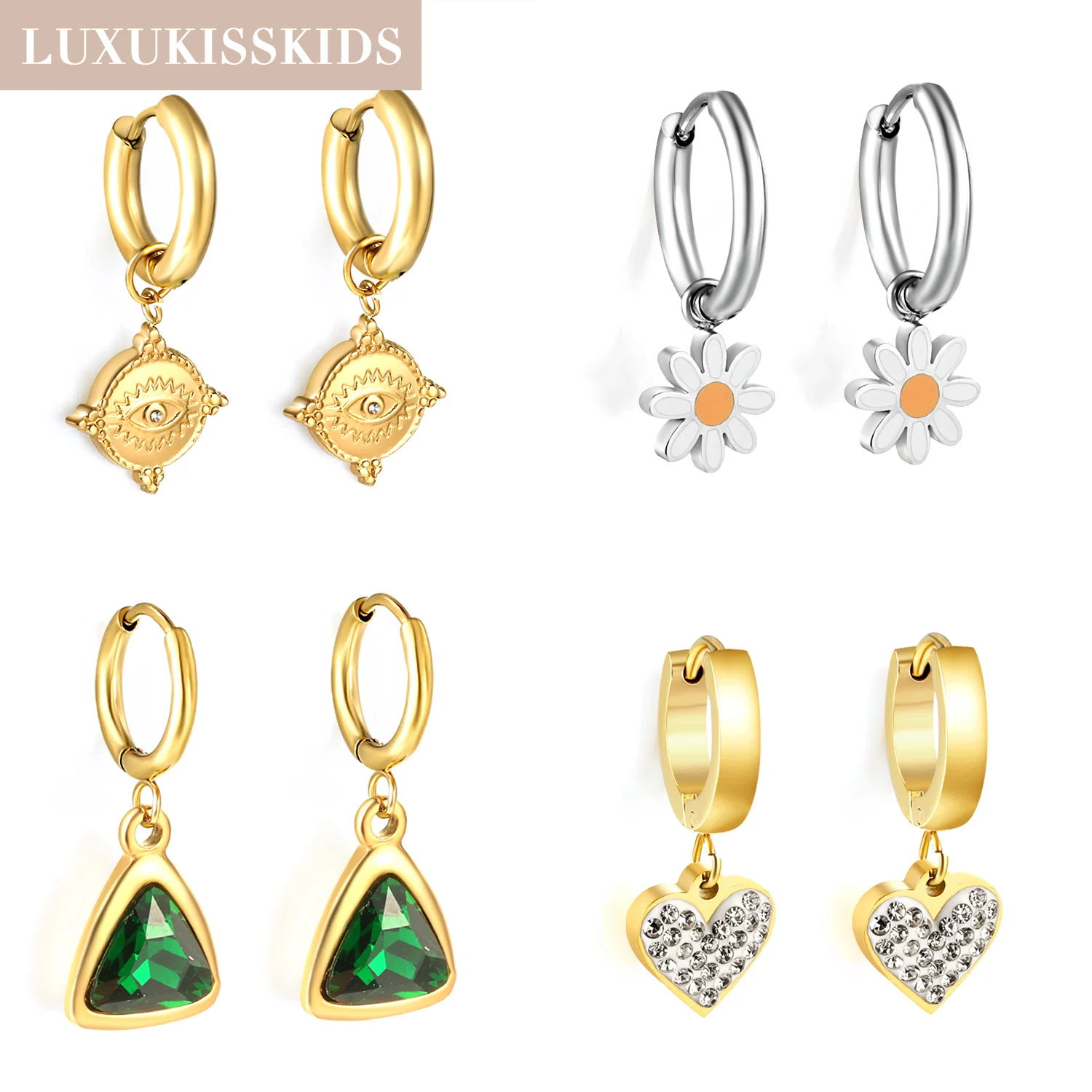 Luxukis skids lässige goldene Herzform mit Strass Tropfen Ohrring niedlichen kleinen Gänseblümchen baumeln Brincos für Frauen Edelstahl Schmuck
