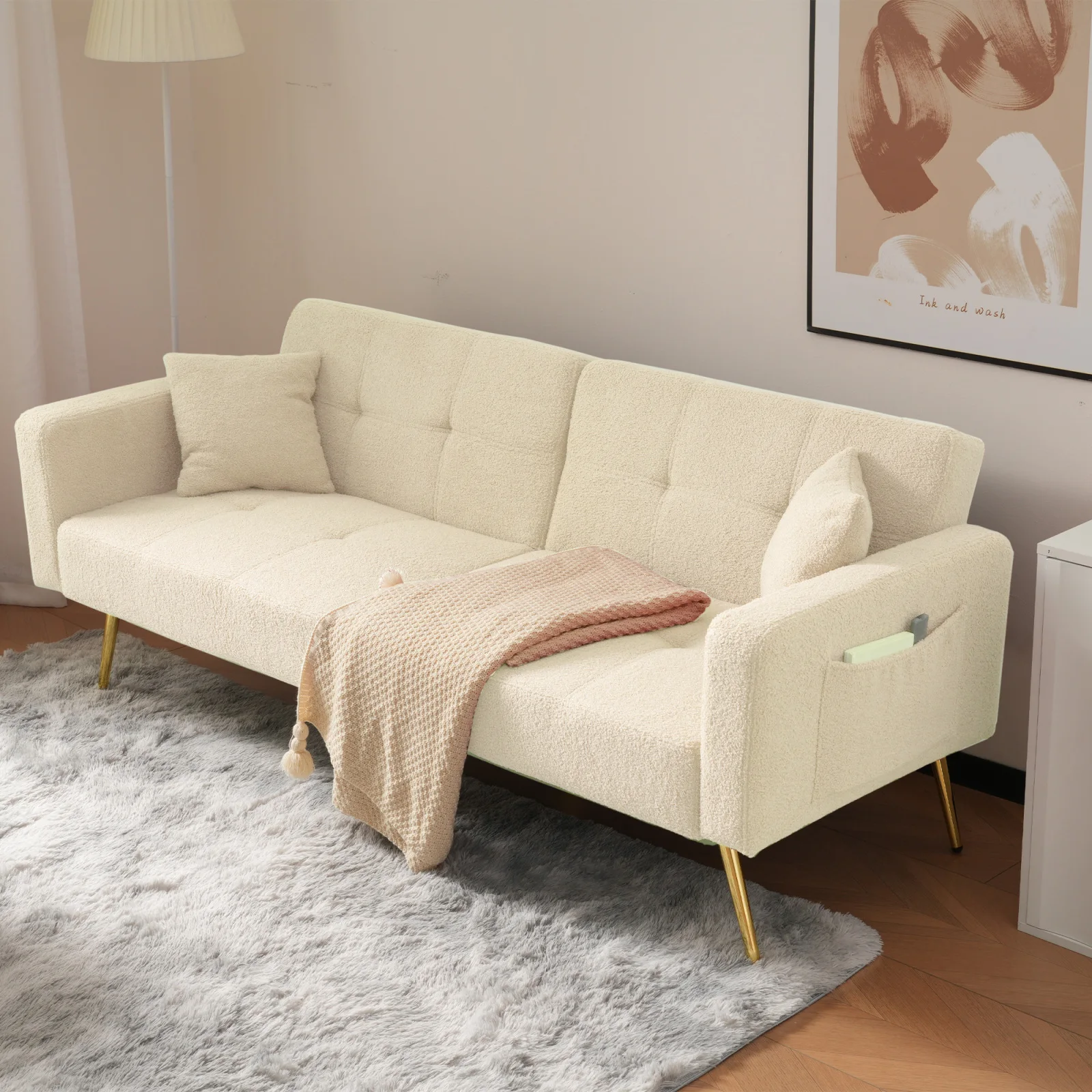 Sofá Cama Convertible con Respaldo Ajustable, Patas Doradas, Cojines y Bolsillos Laterales de Almacenamiento, Sofá Cama Multifuncional