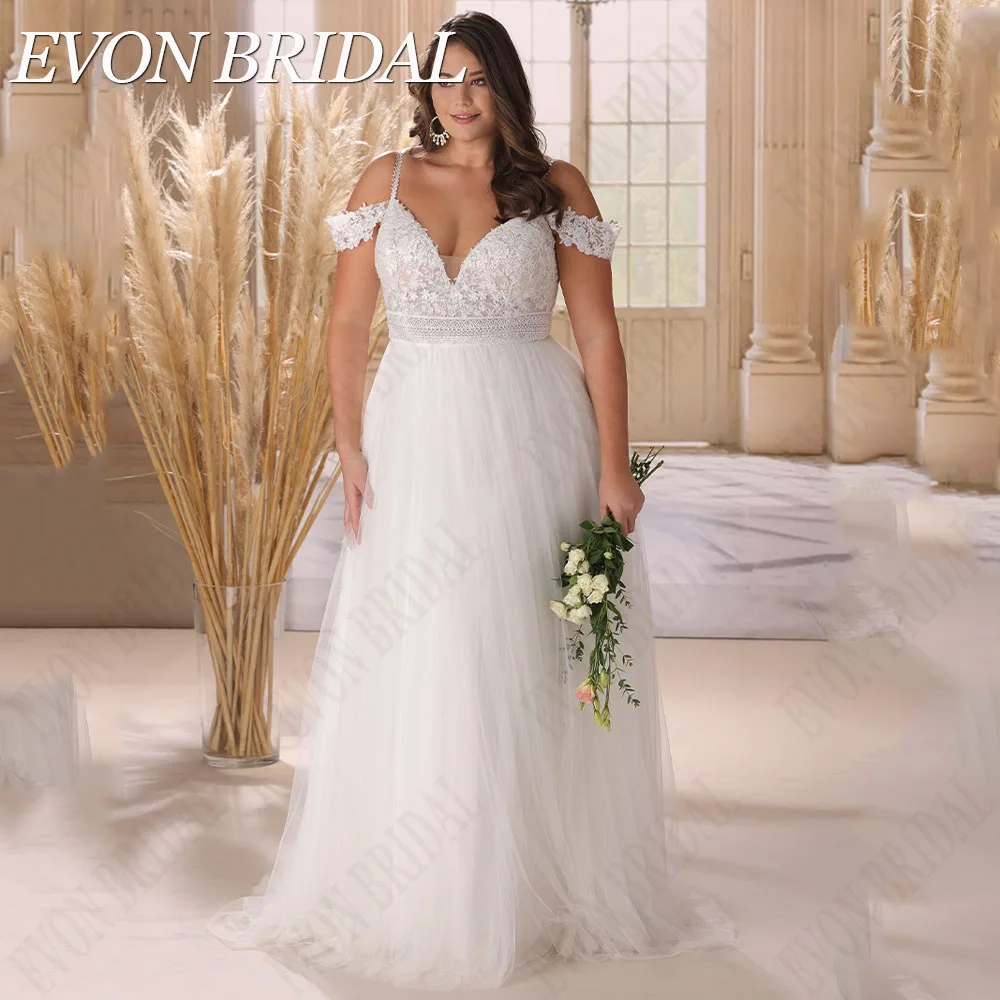 

EVON BRIDAL Elegant Plus Size Wedding Gowns Spaghetti Straps A-Line Tulle Bride Gown Custom Made Lace Applique Bridal Dress