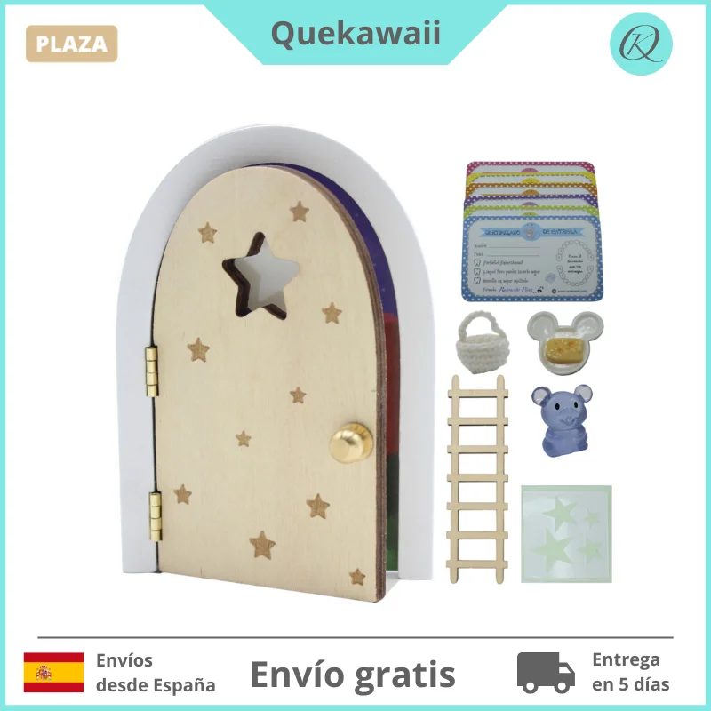 Mouse door Pérez what Kawaii®Magic Kit. That opens and shines in the dark!!!.. Wooden door and ladder to paint and customize + crochet sachet + Plate + Cheese + stars + 6 certificates + resin mouse.